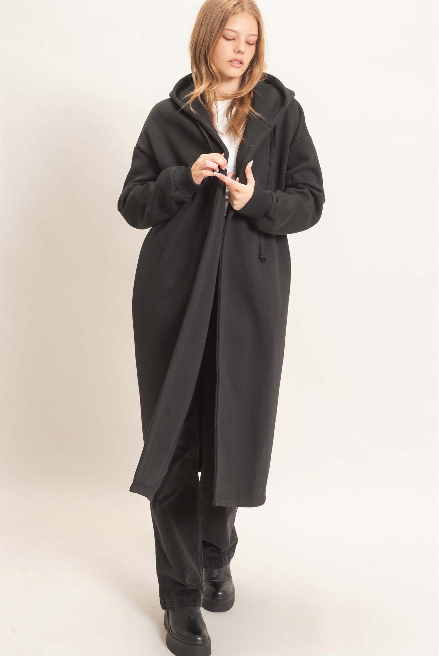 Wholesale Oversized Hooded Open Front Coat Coats & Jackets HF26F142-D BLACK HYFVE