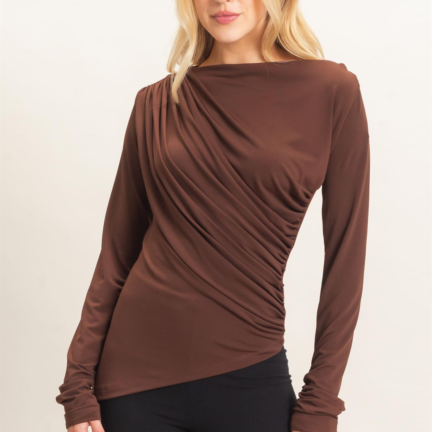 Wholesale Asymmetrical Ruched Long Sleeve Top Clothing Tops HF26C683 CHOCOLATE HYFVE