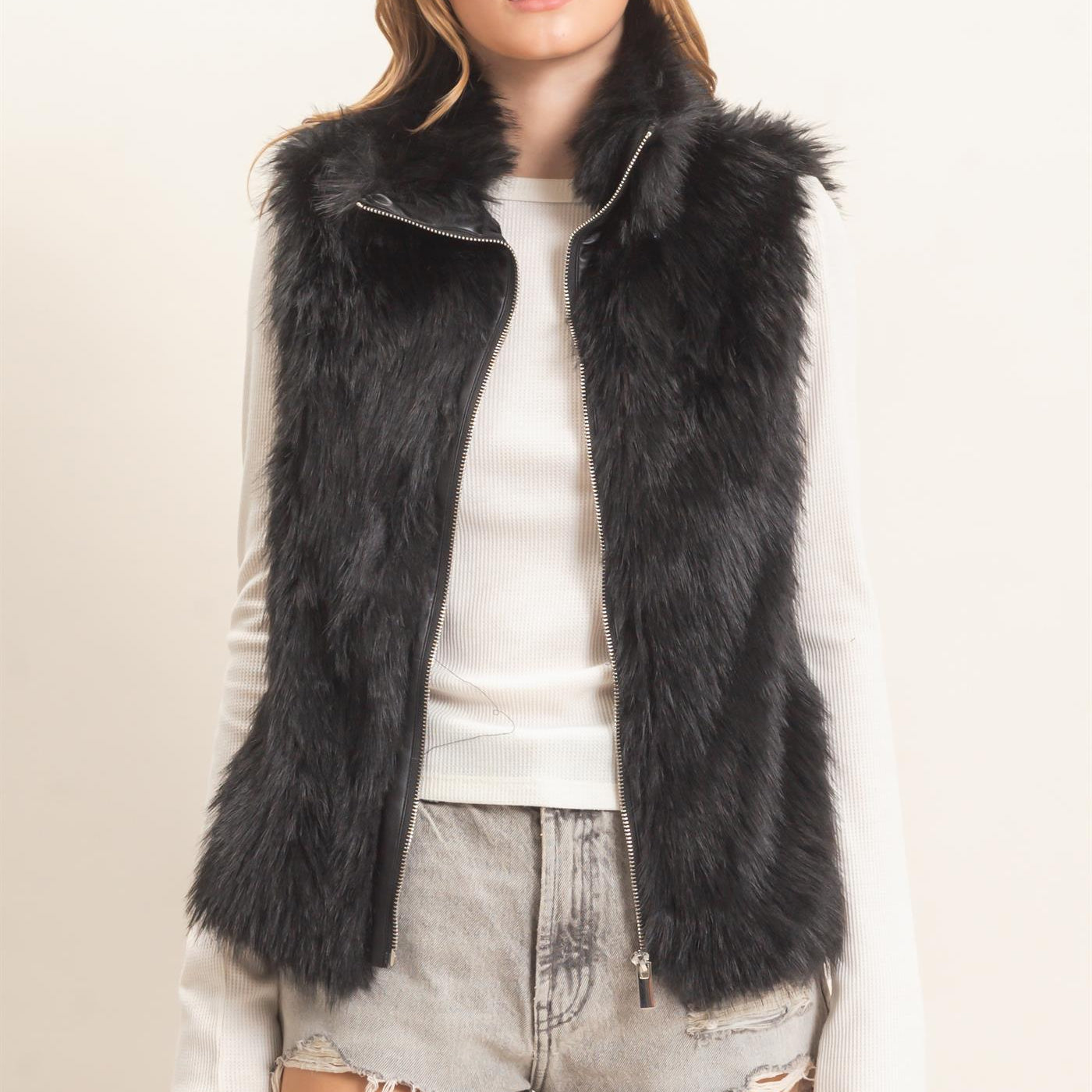 Wholesale Faux Fur Zip-Up Outerwear Vest Vests HF26E532 BLACK HYFVE