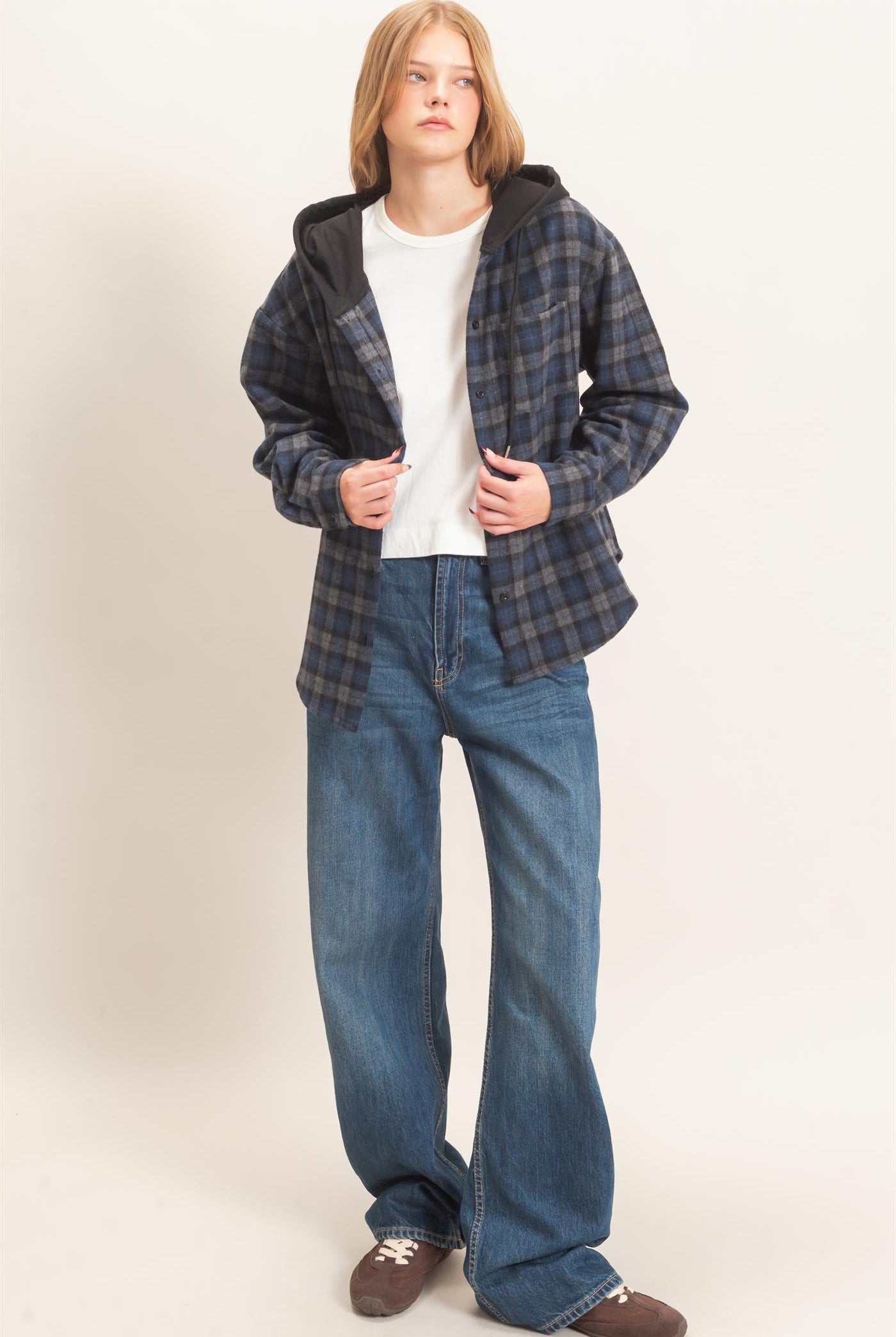 Wholesale Hooded Plaid Button-Up Shirt Shirts HF26F018 NAVY HYFVE
