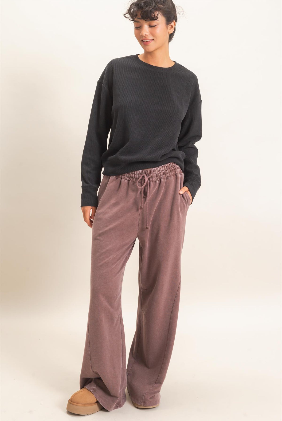 Wholesale Mineral Washed Wide Leg Pants Pants DZ26F082 DARK BROWN DOUBLE ZERO