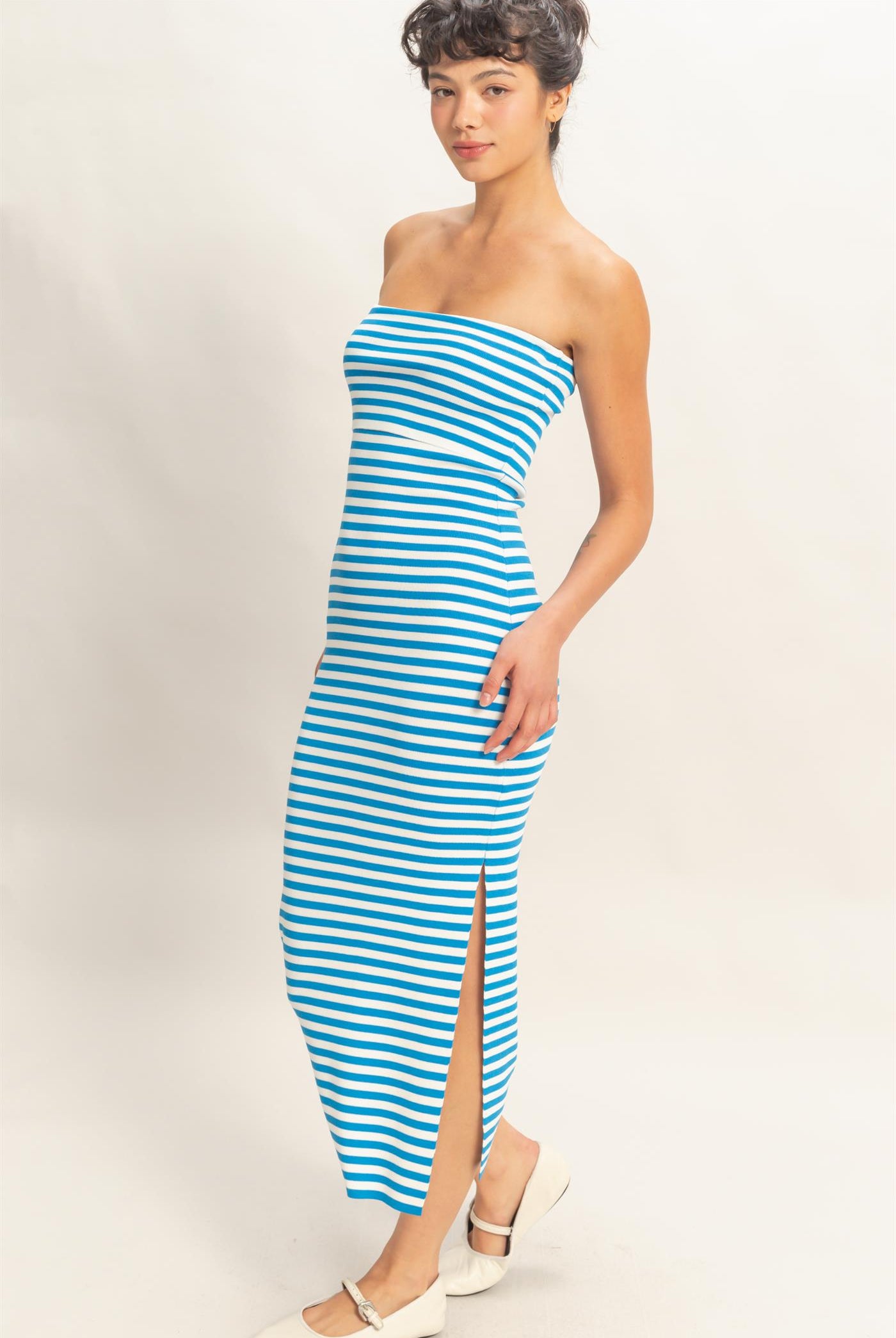 Wholesale Strapless Striped Bodycon Midi Dress Dresses DZ26C336 BLUE DOUBLE ZERO
