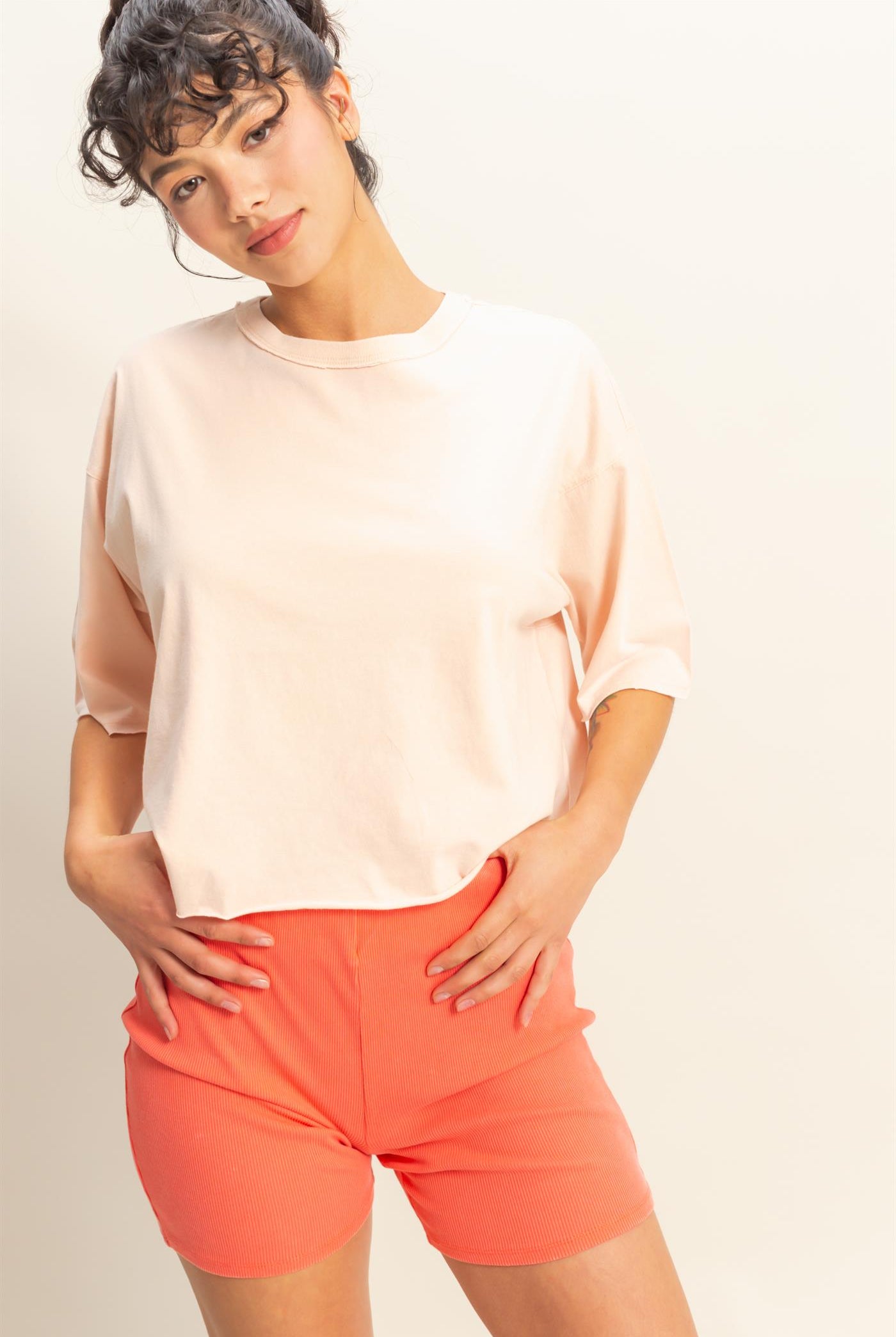 Wholesale Drop Shoulder Crew Neck Wide Fit Tee Clothing Tops DZ25A757 DUSTY PINK DOUBLE ZERO