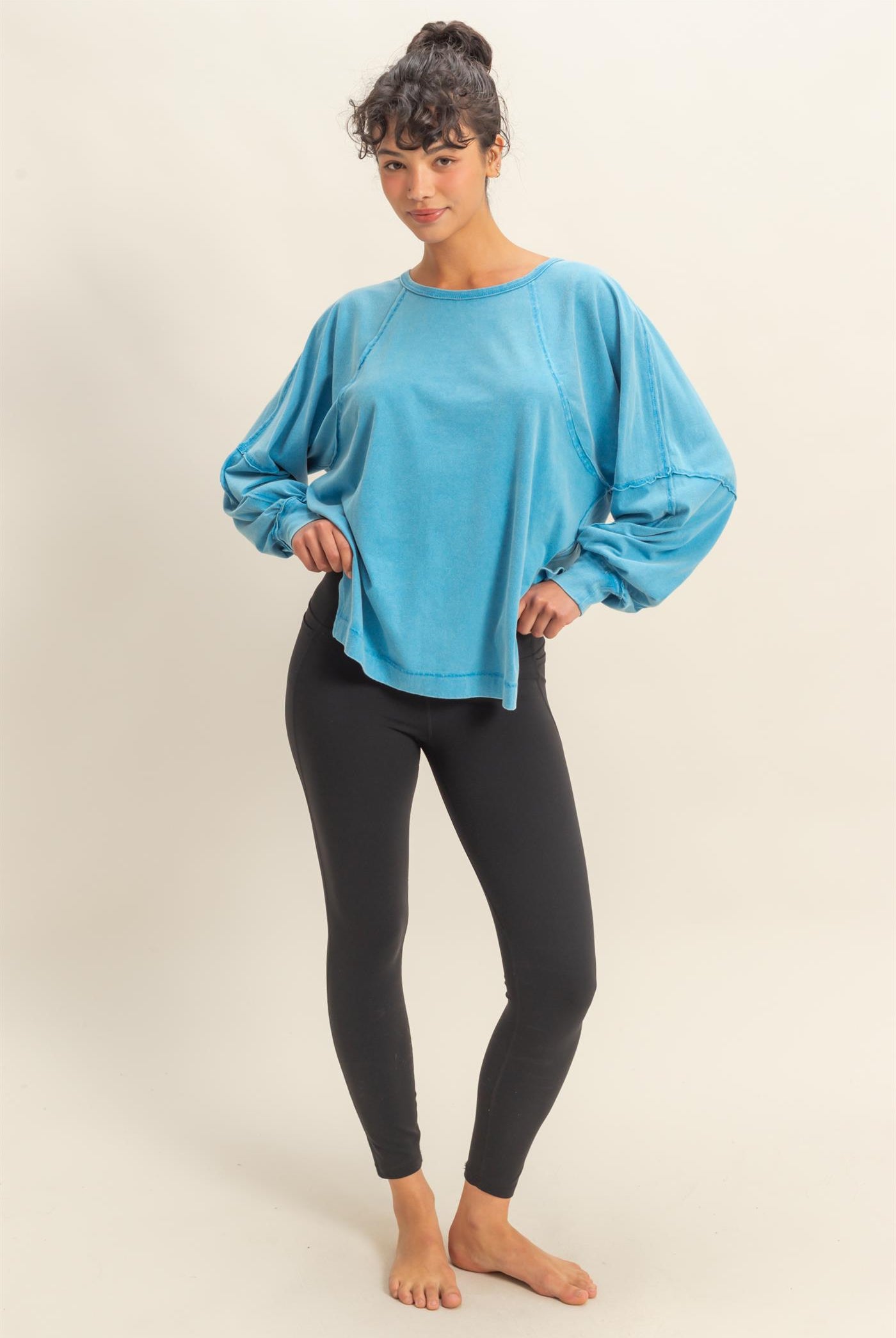 Wholesale Washed Oversized Long Sleeve Top With Slit Clothing Tops DZ25C921 OCEAN BLUE HYFVE