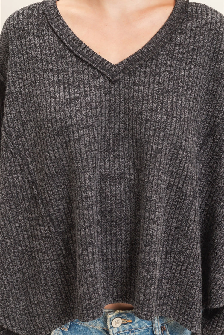 Wholesale Ribbed V-Neck Knit Top Shirts HF26F351 BLACK HYFVE