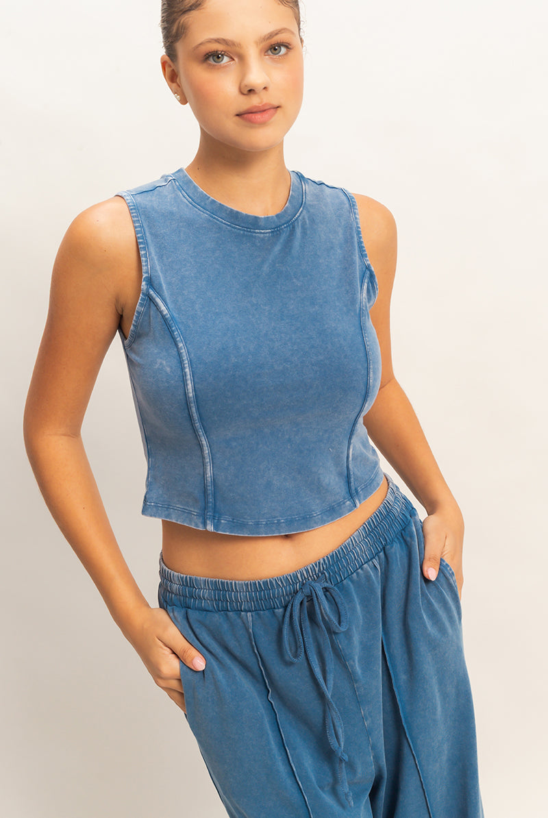 Wholesale Mineral Washed Sleeveless Top & Wide Leg Pants Set Clothing DZ26A371-SET NAVY DOUBLE ZERO