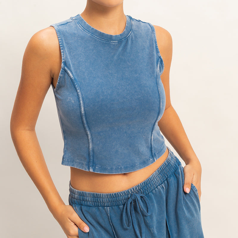 Wholesale Mineral Washed Sleeveless Top & Wide Leg Pants Set Clothing DZ26A371-SET NAVY DOUBLE ZERO