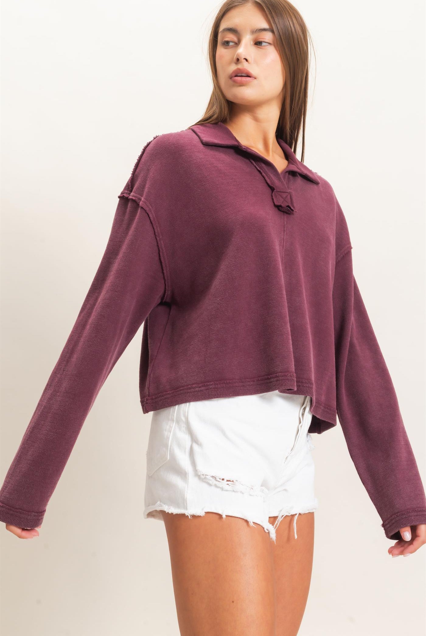 Wholesale Mineral Wash Textured Collar Top Polos DZ26E814 DARK CHERRY DOUBLE ZERO
