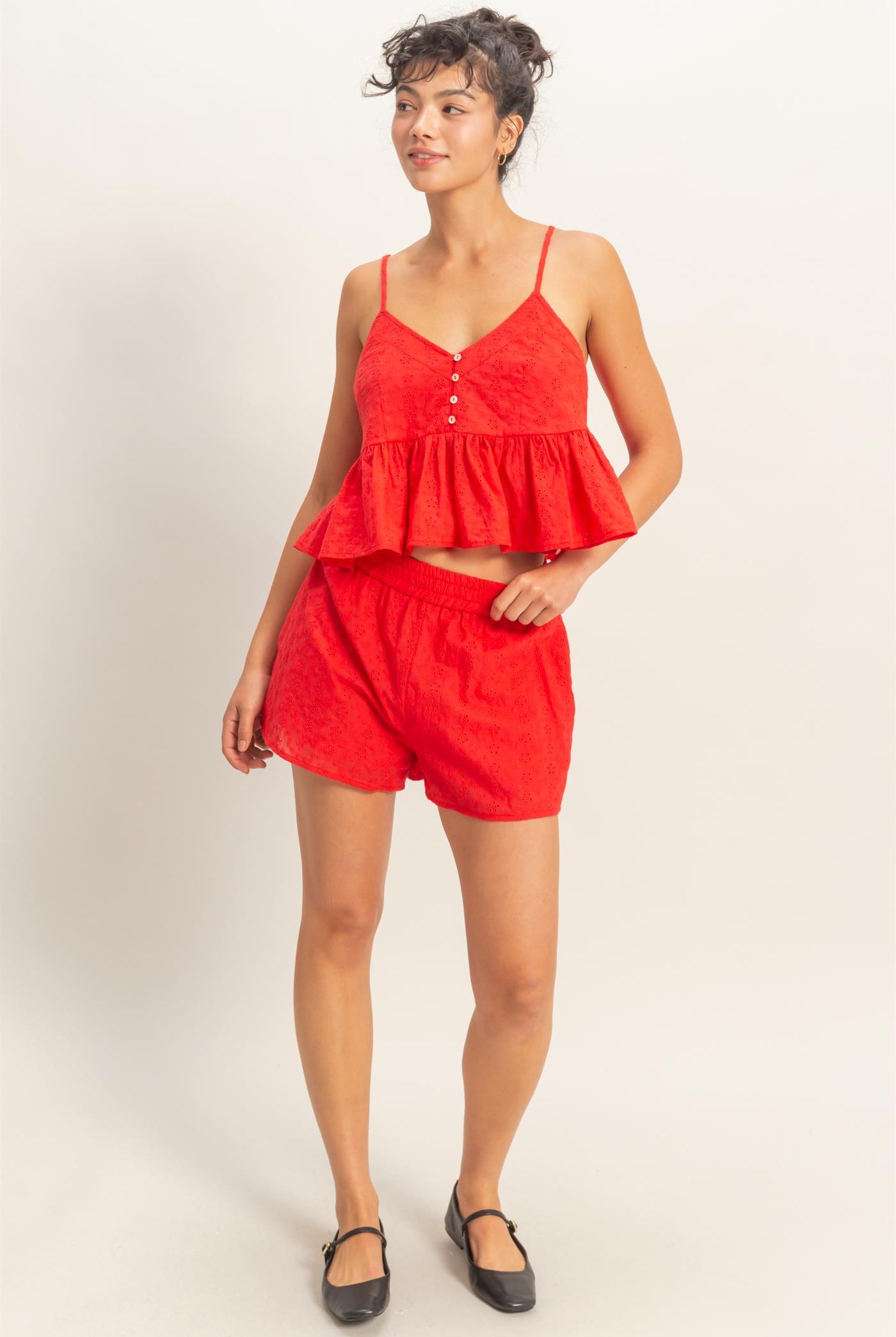 Wholesale Eyelet Button Detail Peplum Top Camisoles DZ26A783 RED DOUBLE ZERO