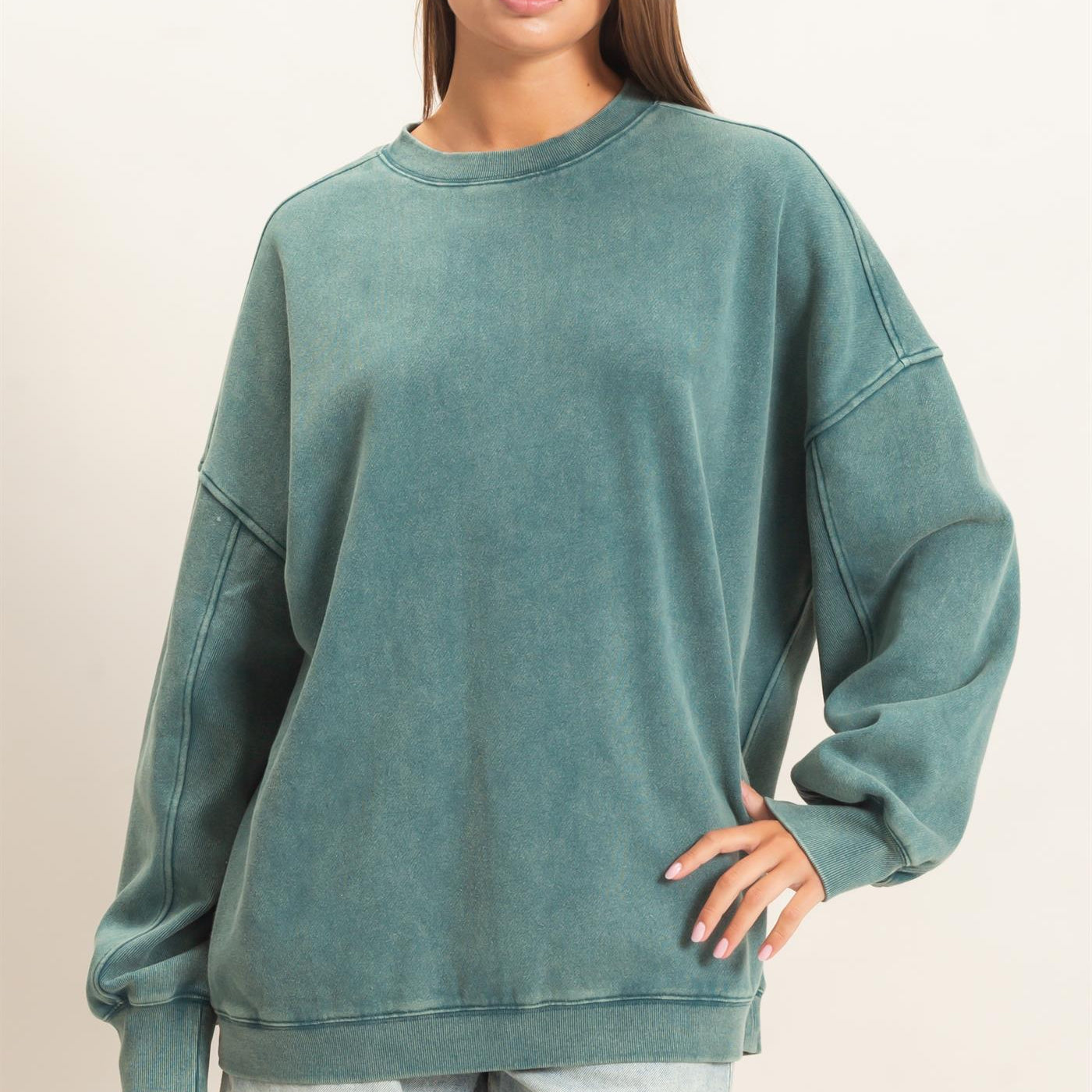 Wholesale Acid Wash Crew Neck Long Sleeve Sweatshirt Sweatshirts DZ26E268 DARK TEAL DOUBLE ZERO