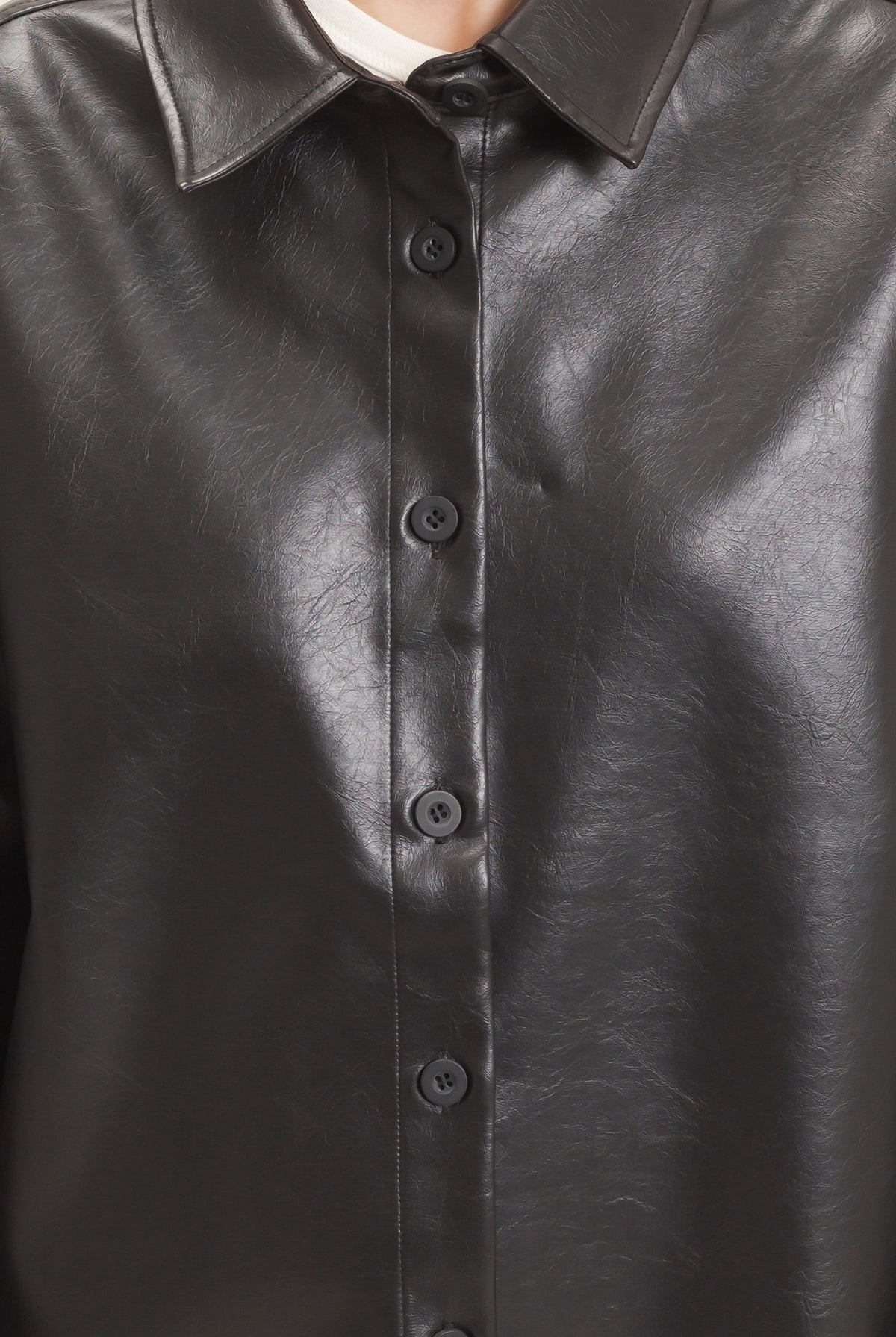Wholesale Faux Leather Button-Down Shirt Clothing Tops HF26E236 BLACK HYFVE