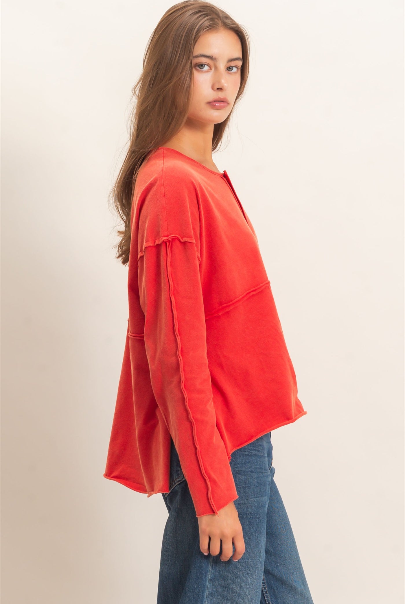 Wholesale Oversized Henley Top With Raw Edges Clothing Tops DZ26F128 RED DOUBLE ZERO