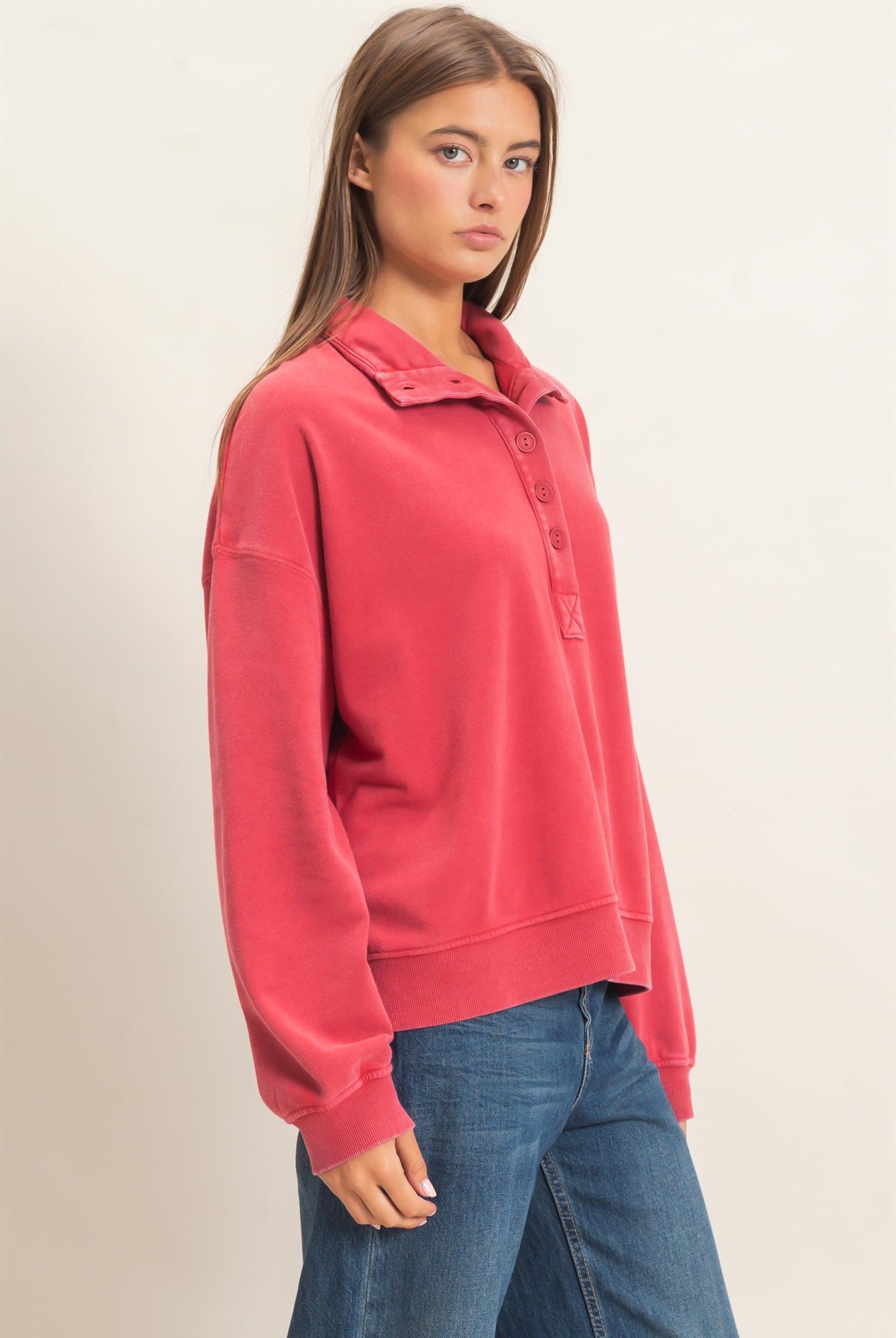 Wholesale Mineral Wash Button Front Sweatshirt Sweatshirts DZ26C909 DARK RED DOUBLE ZERO