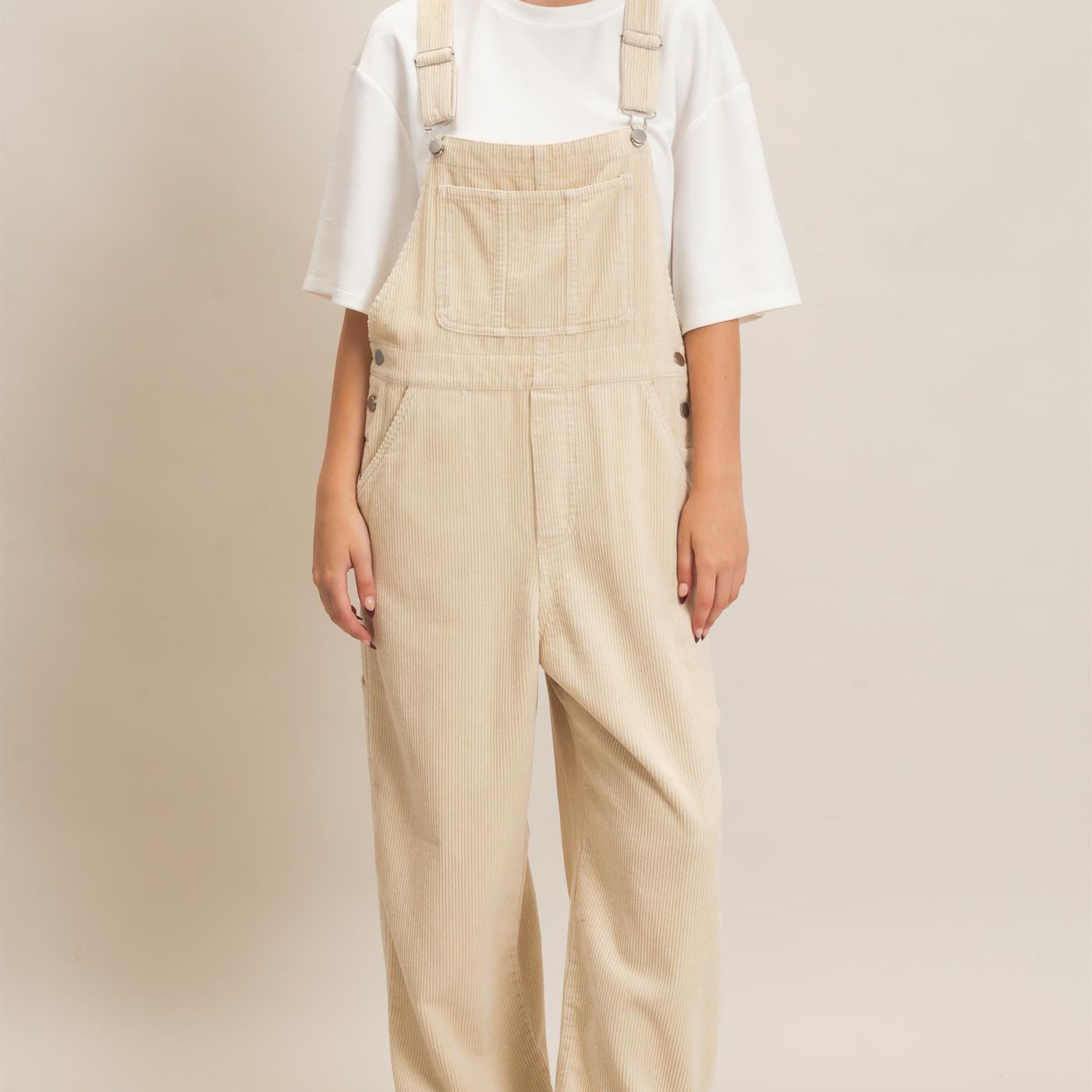 Wholesale Mineral Wash Corduroy Overalls Clothing HF26F210-D BEIGE HYFVE
