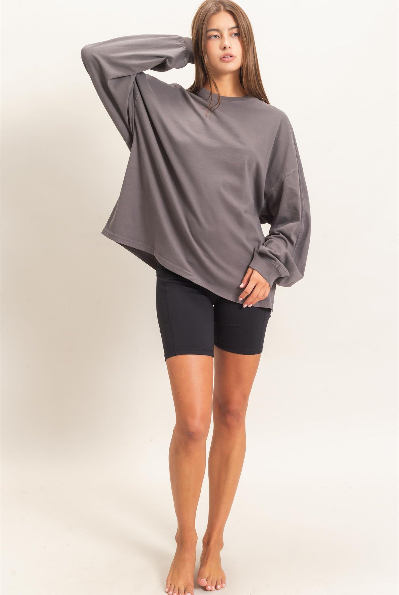 Wholesale Pigment Dye Oversized Long Sleeve Top Clothing Tops DZ26A825 CHARCOAL DOUBLE ZERO