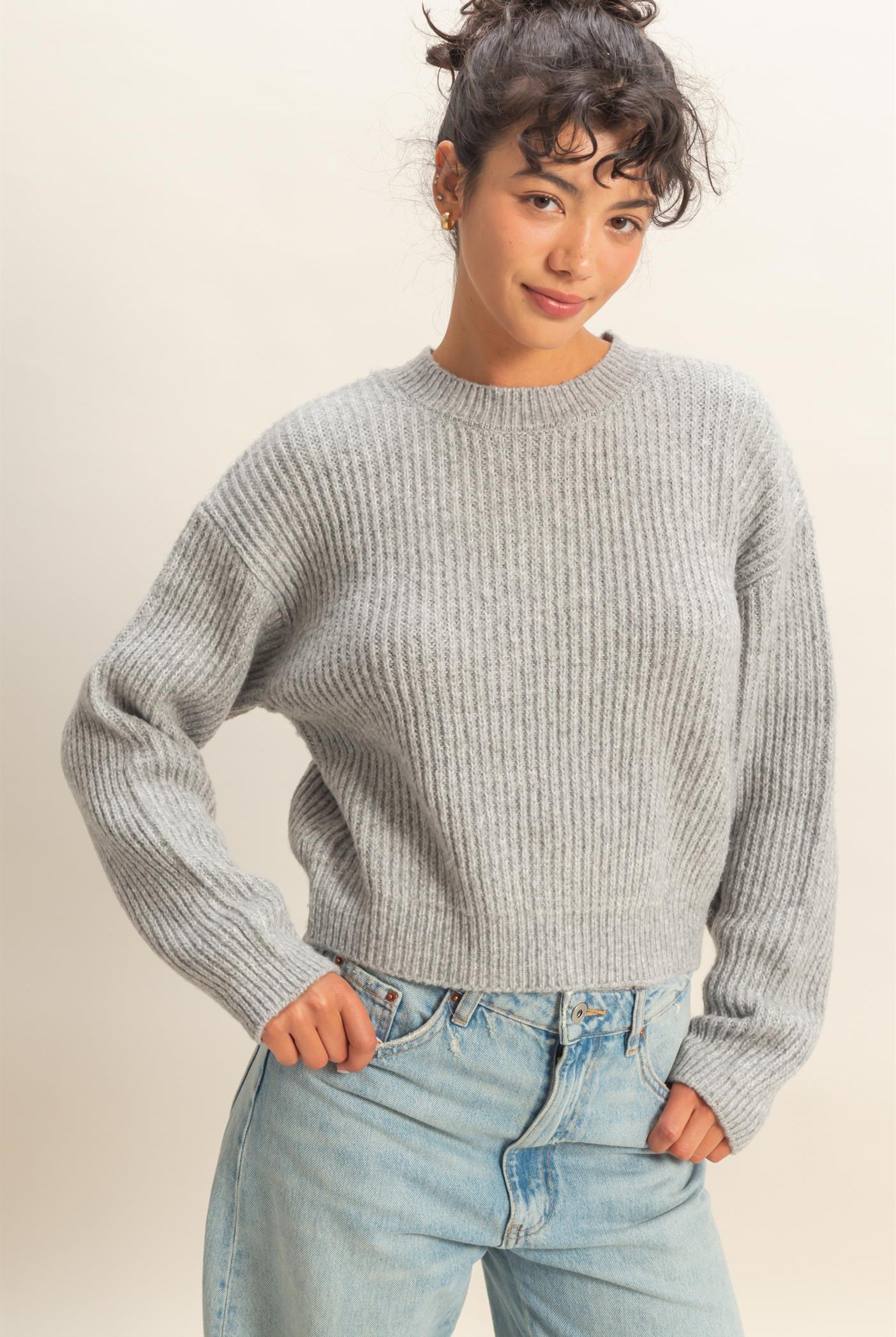 Wholesale Ribbed Crew Neck Sweater Sweaters DZ25F006 HEATHER GRAY DOUBLE ZERO