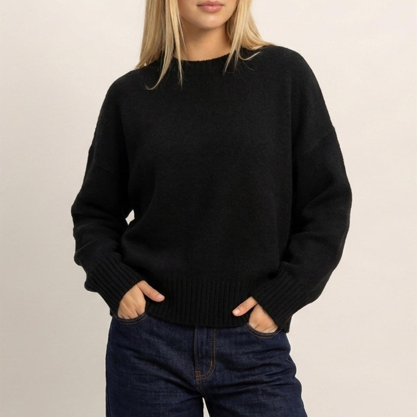 Wholesale Ribbed Crew Neck Sweater Sweaters HF26F179-D BLACK HYFVE