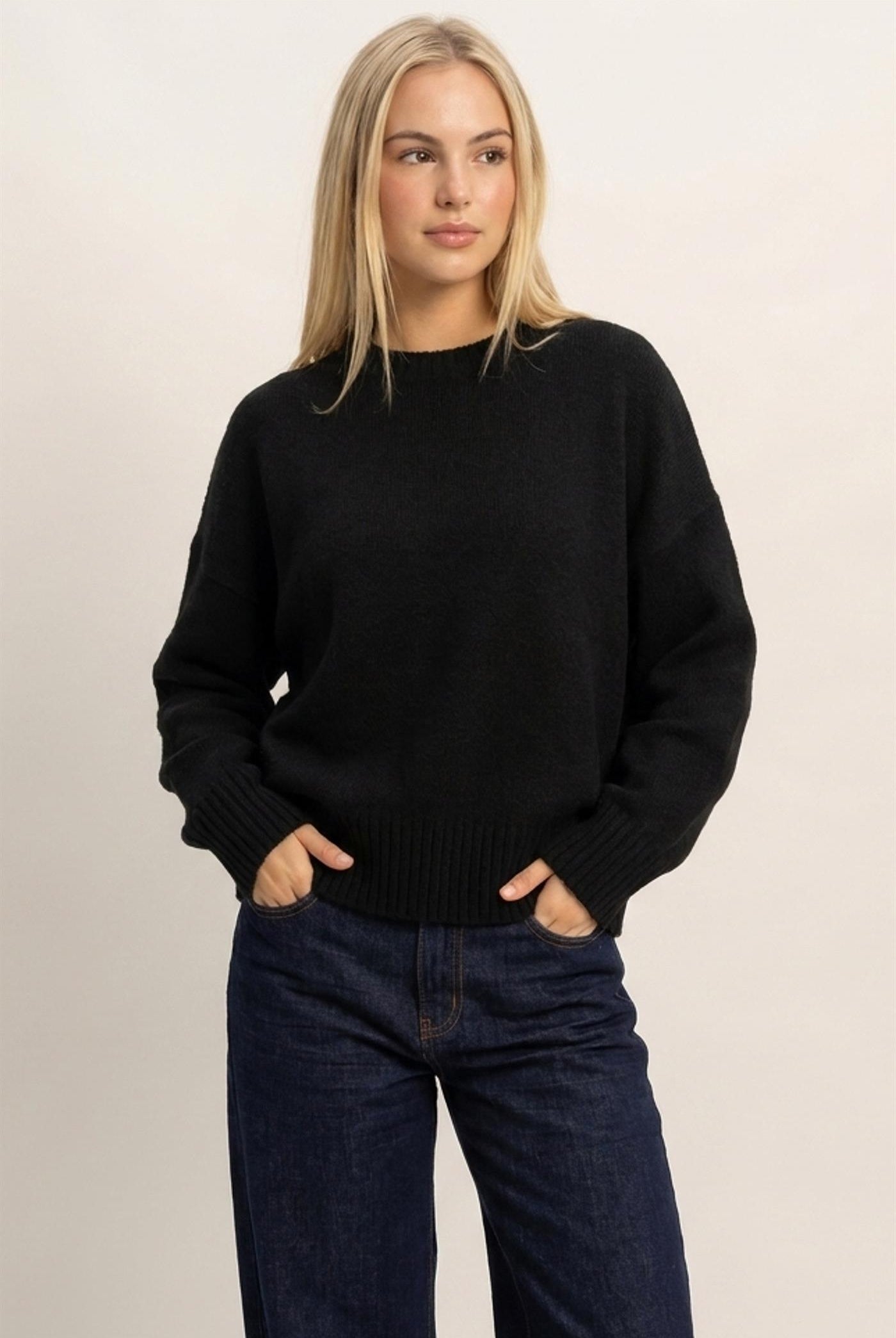 Wholesale Ribbed Crew Neck Sweater Sweaters HF26F179-D BLACK HYFVE
