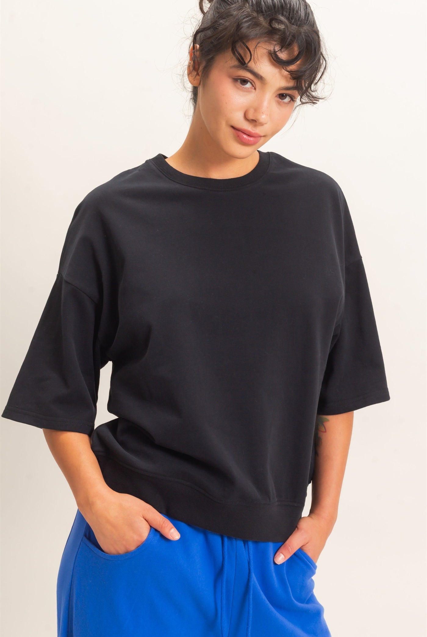 Wholesale Washed Crew Neck Short Sleeve Top Clothing Tops DZ26E381 BLACK DOUBLE ZERO