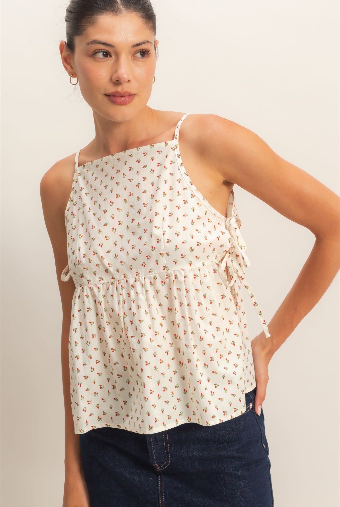 Wholesale Strawberry Print Tie-Side Cami Top Clothing Tops HF26C172 RED HYFVE