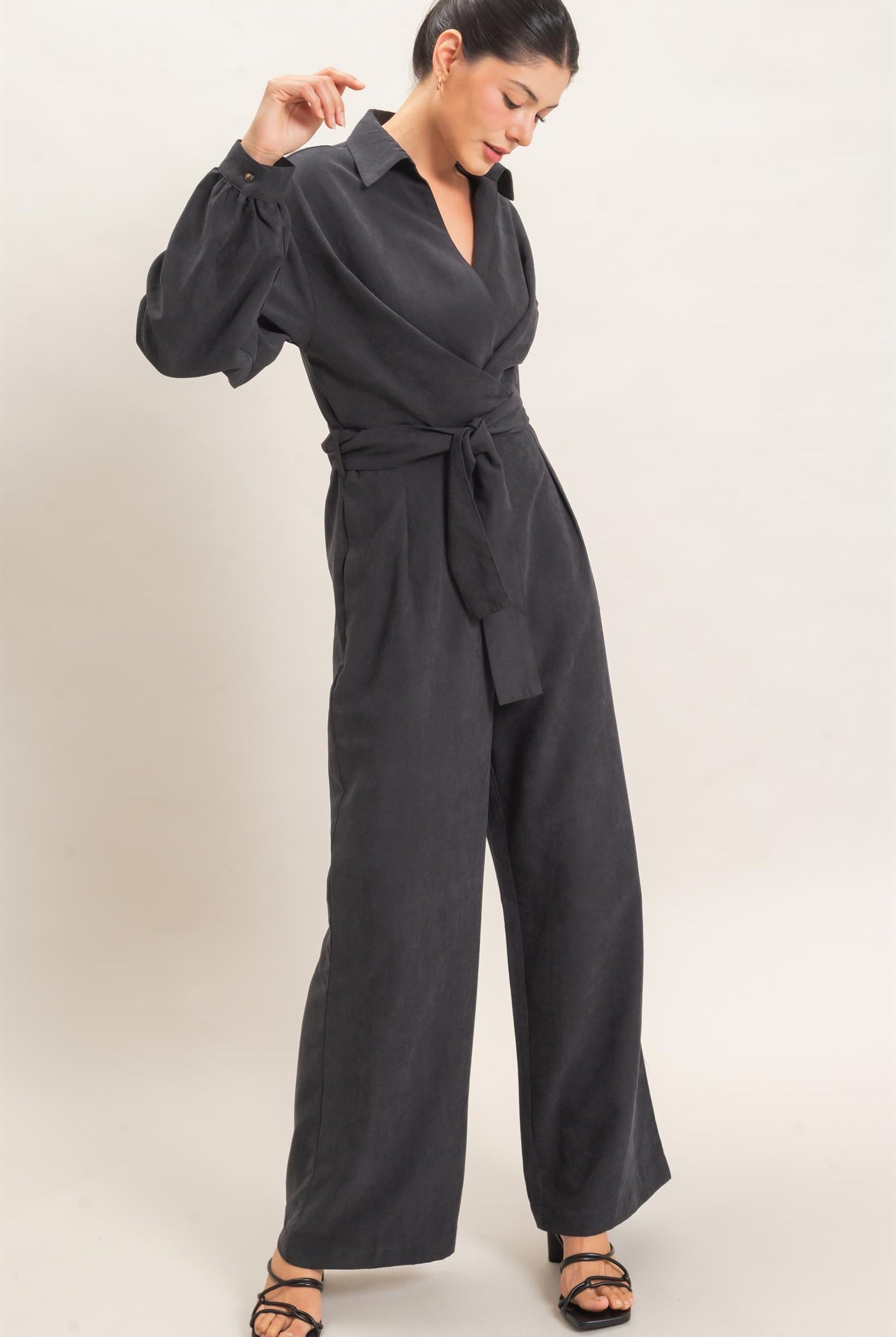 Wholesale Collared Wrap Suede Jumpsuit Clothing HF26C905 BLACK HYFVE