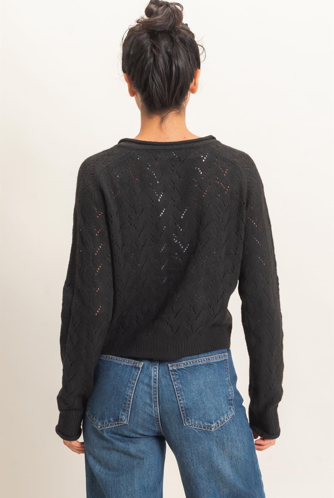 Wholesale Pointelle Knit Button Front Cardigan Cardigans DZ26C978 BLACK DOUBLE ZERO