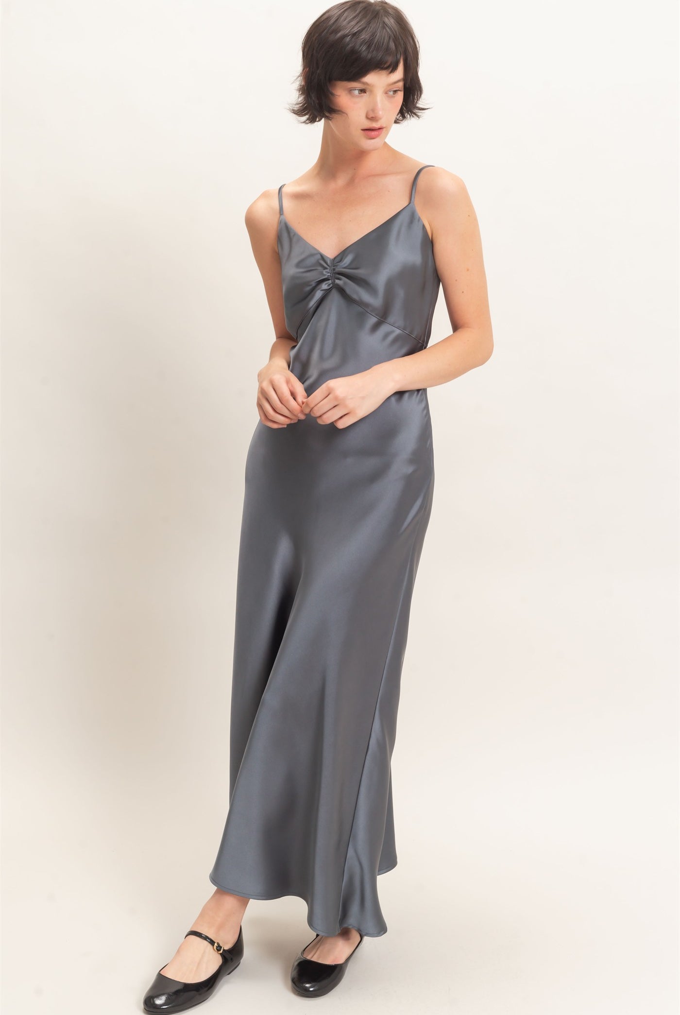 Wholesale Satin Slip Dress With Spaghetti Straps Dresses DZ26E380 DARK GRAY DOUBLE ZERO