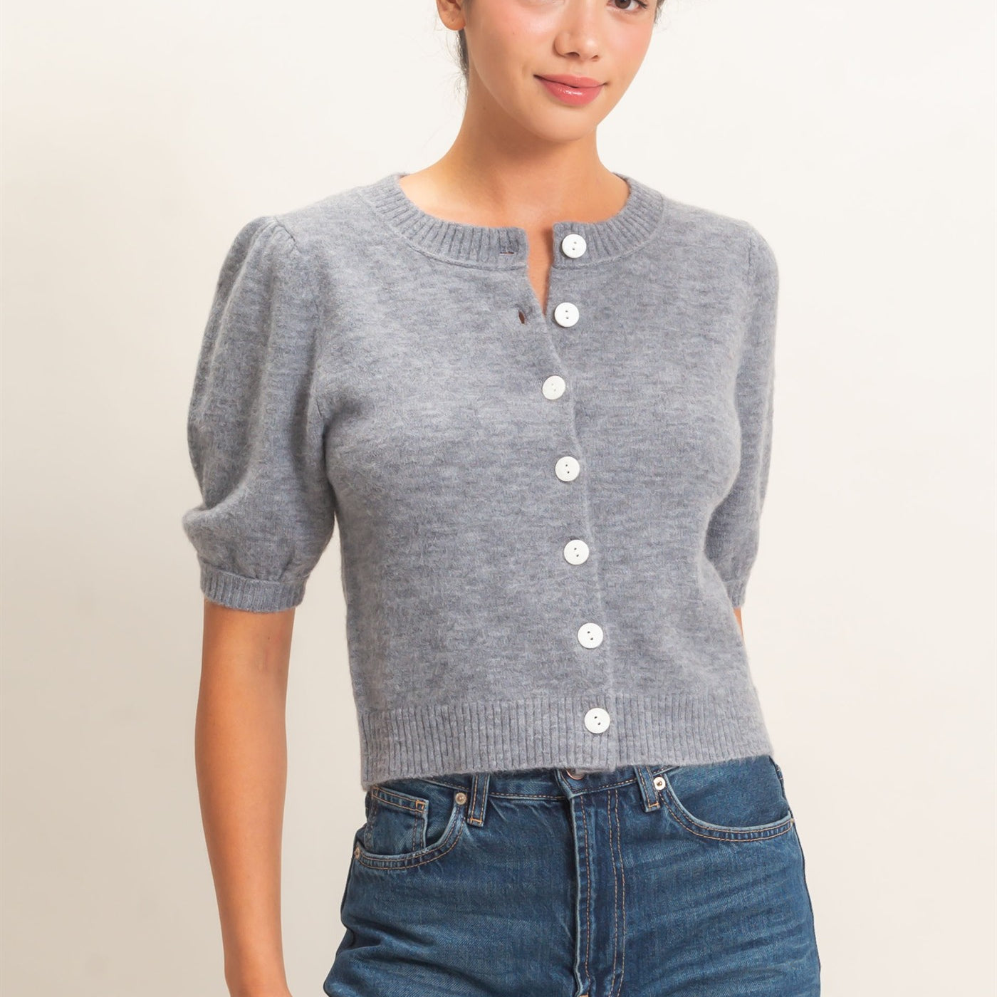 Wholesale Button Front Puff Short Sleeve Cardigan Cardigans DZ26C960 HEATHER GRAY DOUBLE ZERO