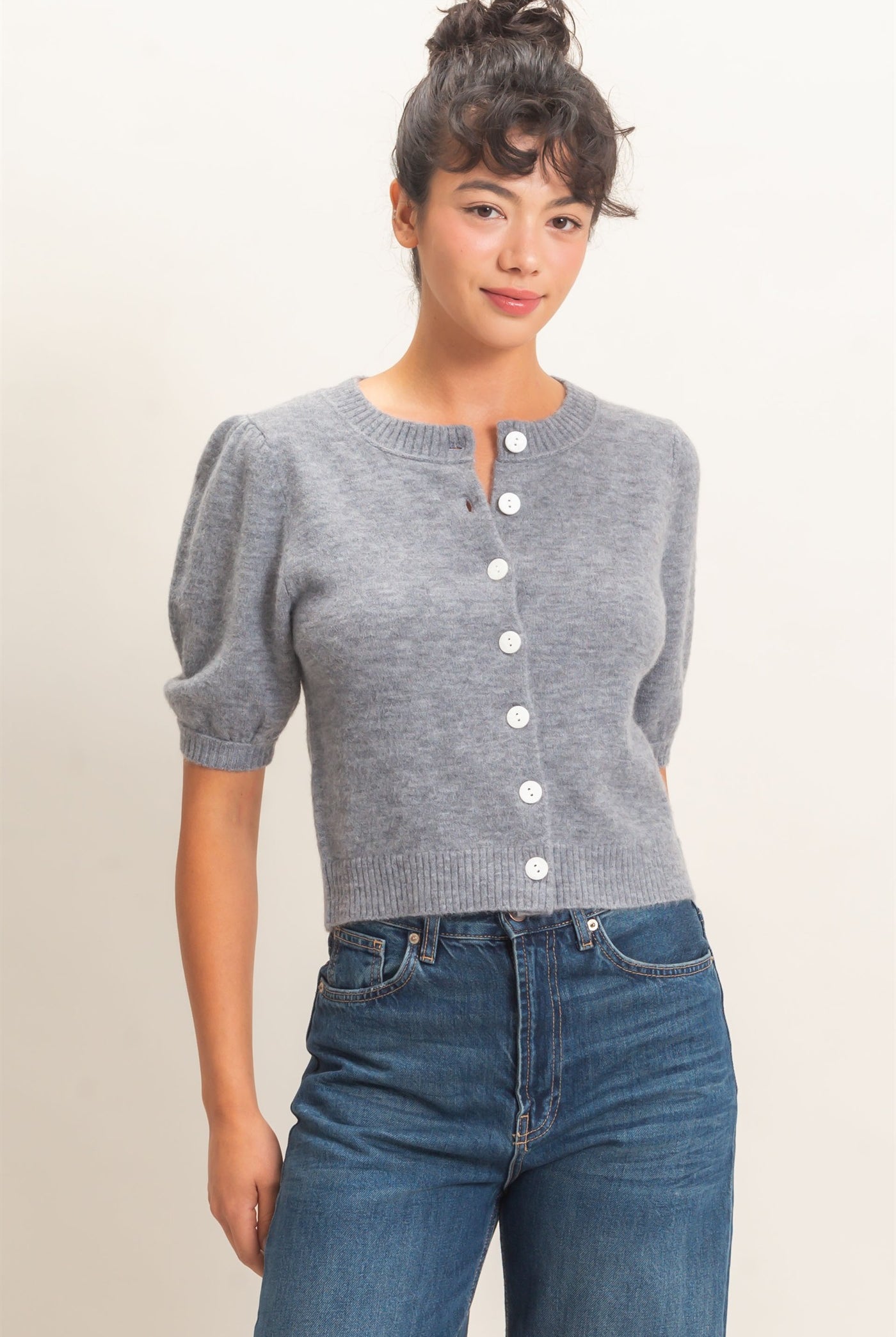 Wholesale Button Front Puff Short Sleeve Cardigan Cardigans DZ26C960 HEATHER GRAY DOUBLE ZERO