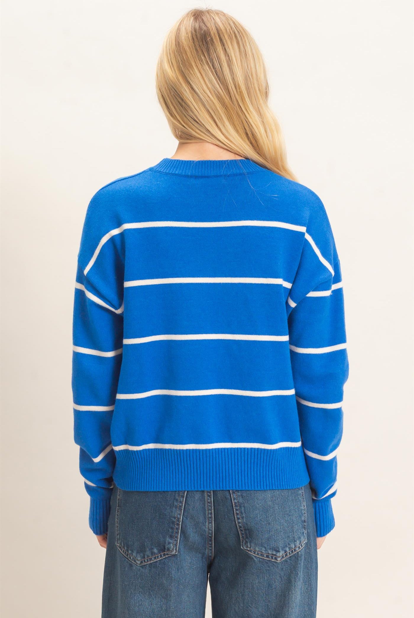 Wholesale Striped Ribbed Crew Neck Sweater Sweaters HF26F169 BLUE HYFVE