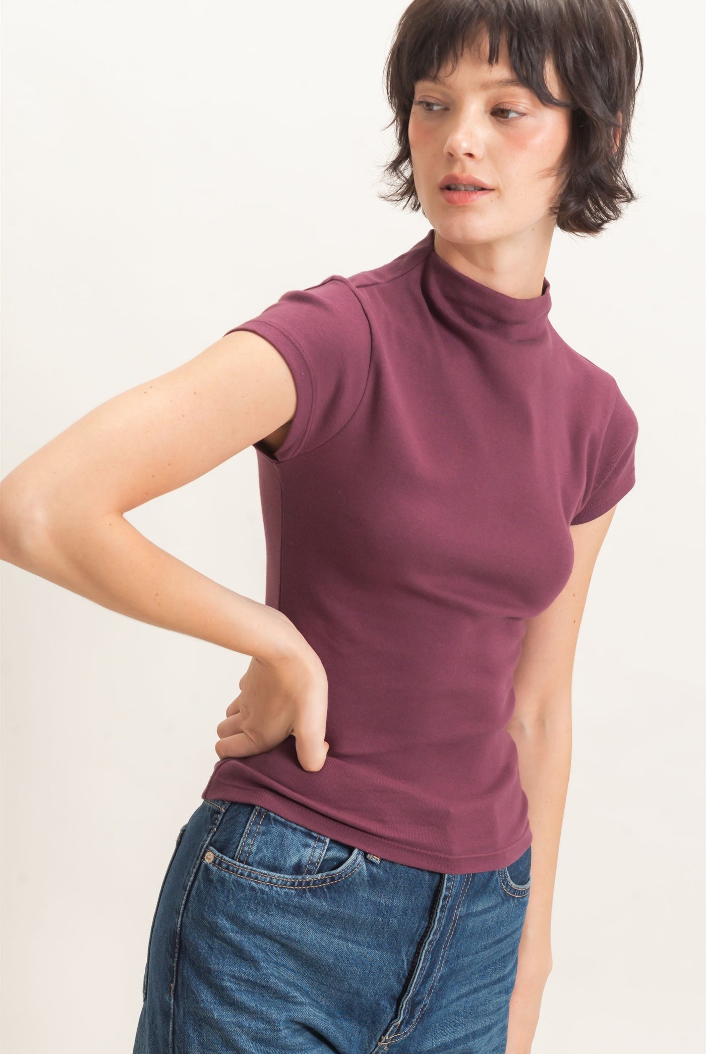 Wholesale Mock Neck Cap Sleeve Top Clothing Tops DZ26E323 DARK CHERRY DOUBLE ZERO