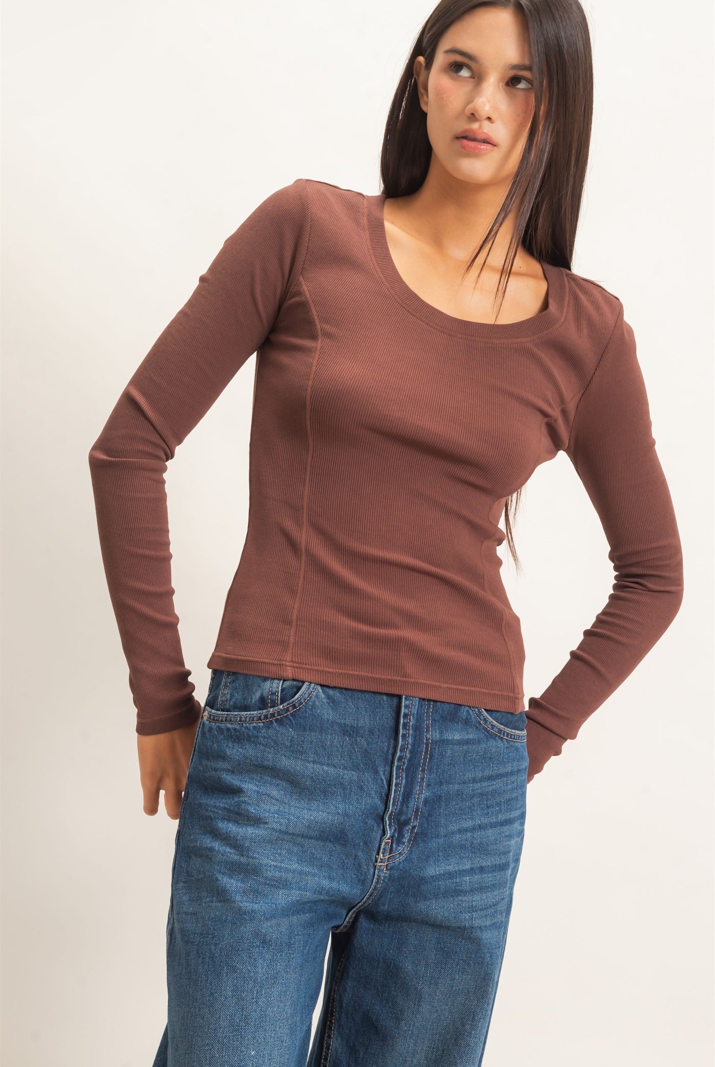 Wholesale Pigment Dye Seam Detail Scoop Neck Top Clothing Tops DZ26E242 DARK BROWN DOUBLE ZERO