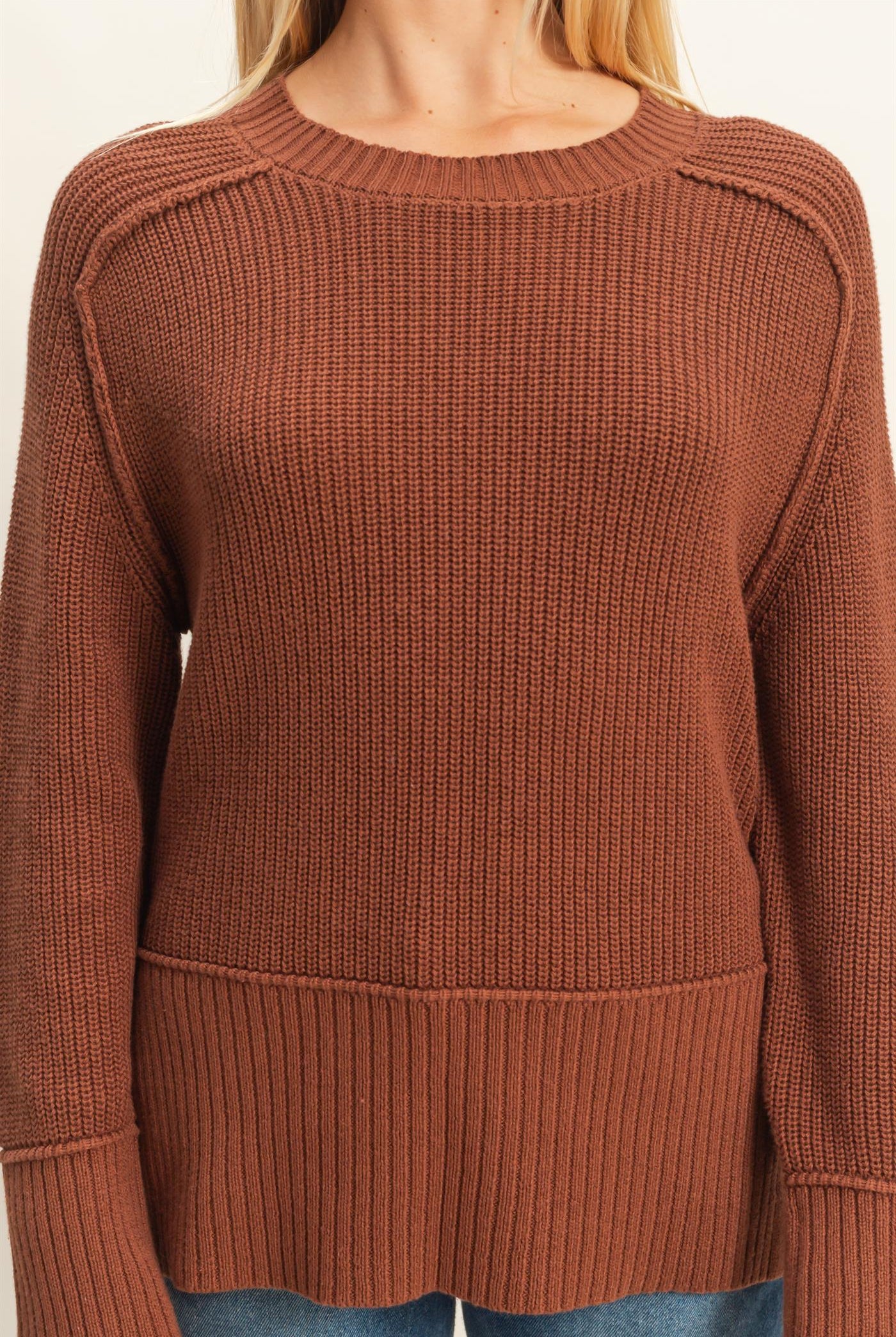 Wholesale Ragaln Long Sleeve Side Slit Sweater Sweaters DZ25E812 CHESTNUT DOUBLE ZERO