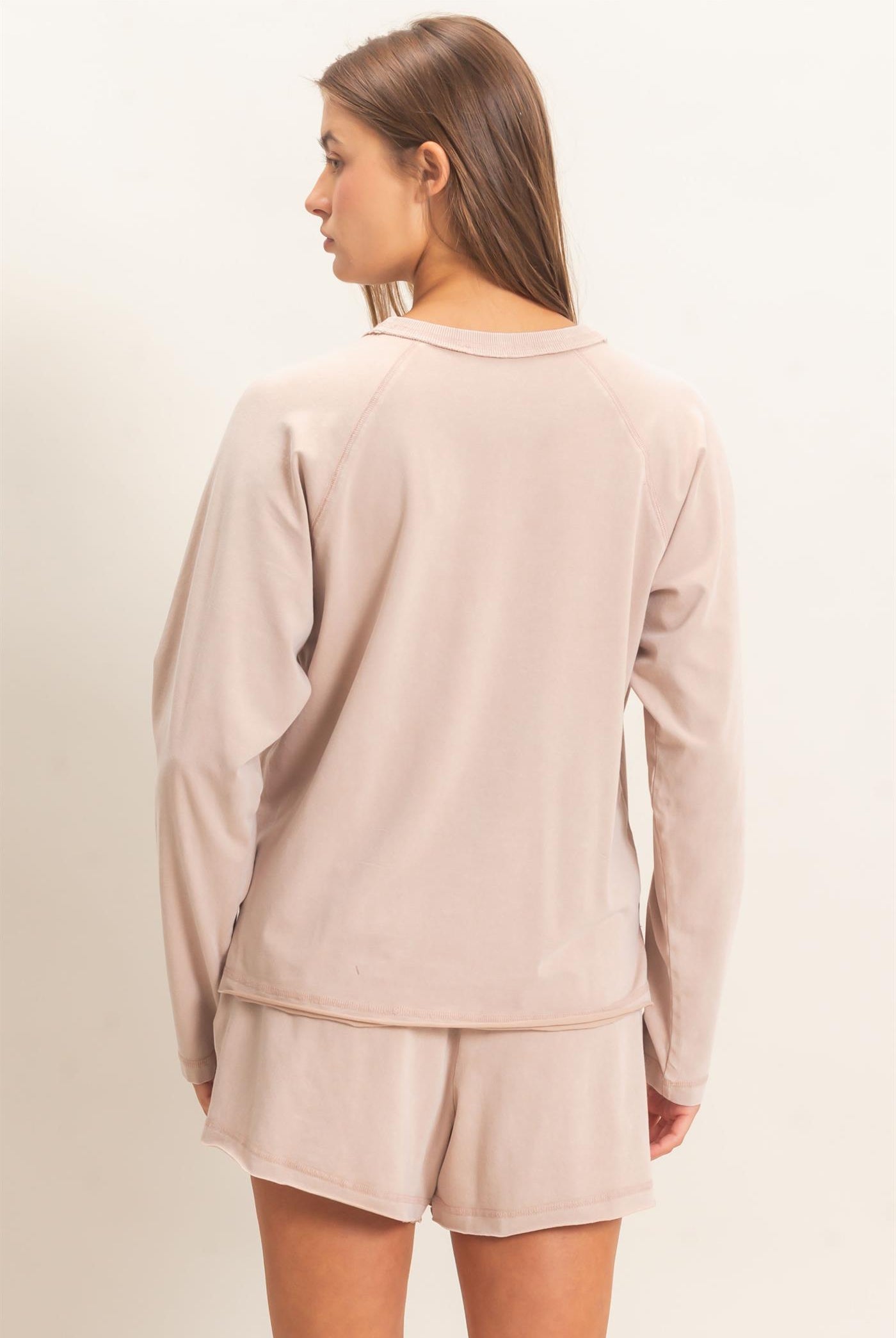 Wholesale Mineral Wash Long Sleeve Raw Edge Top & Shorts Set Clothing DZ26F403-SET DARK TAUPE DOUBLE ZERO