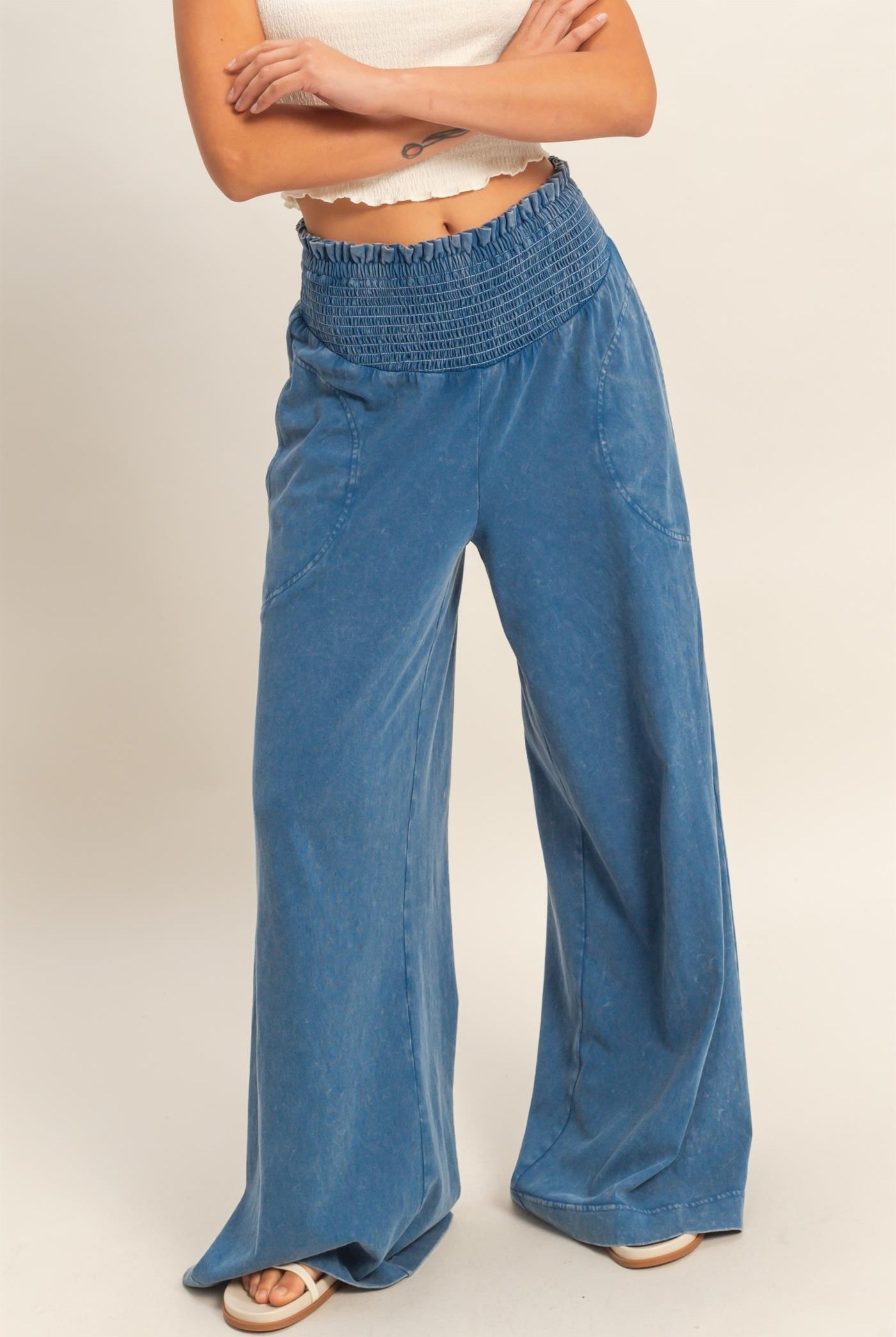 Wholesale Mineral Washed Wide-Leg Smocked Waist Pants Pants DZ26A249 NAVY DOUBLE ZERO