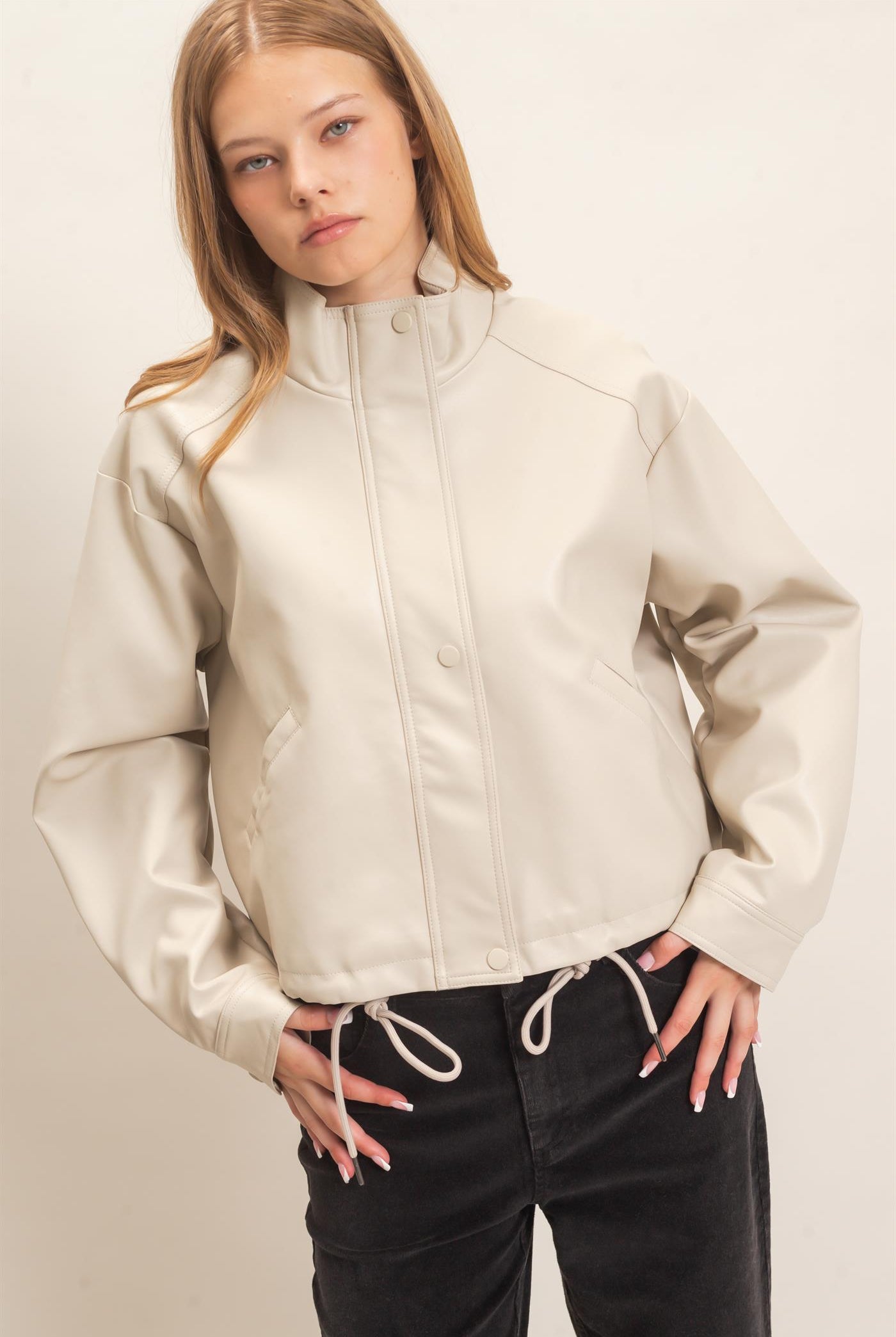 Wholesale Faux Leather Jacket With Stand Collar Bomber Jackets HF25F452 OATMEAL HYFVE