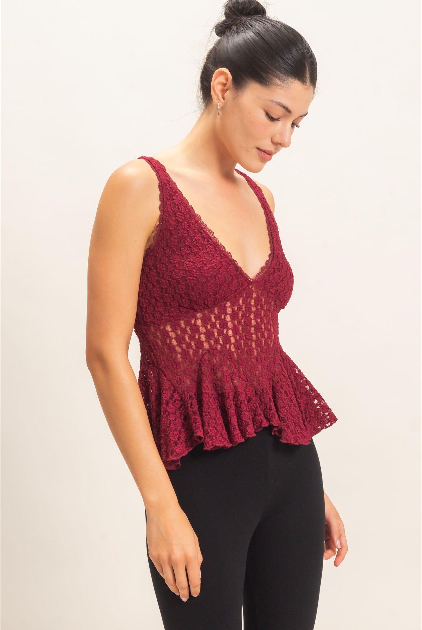 Wholesale Lace V-Neck Peplum Top Clothing Tops HF26E088 BURGUNDY HYFVE