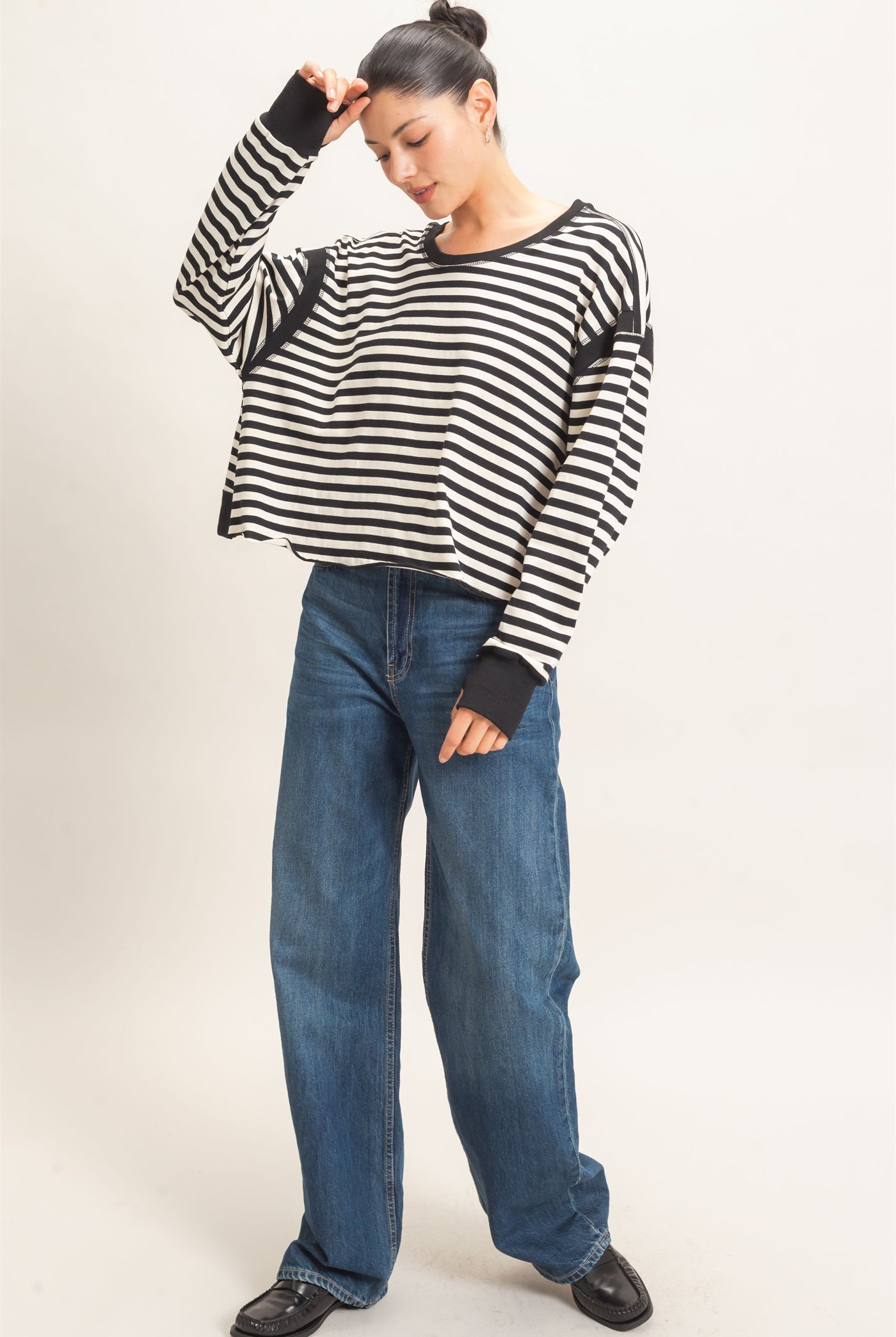 Wholesale Striped Long Sleeve Top Clothing Tops HF26C908-D BLACK HYFVE