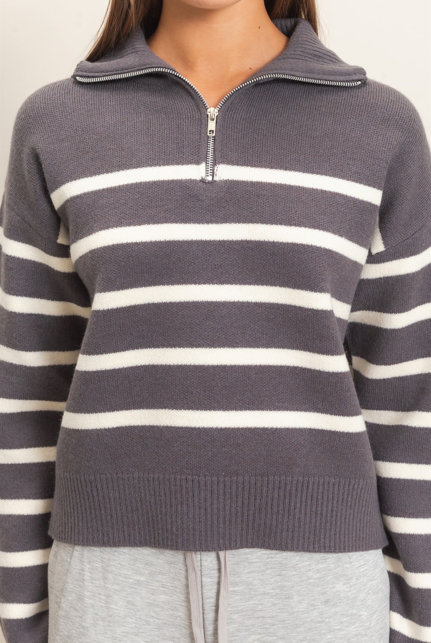 Wholesale Half-Zip Collared Stripe Sweater Sweaters DZ26E950 CHARCOAL DOUBLE ZERO
