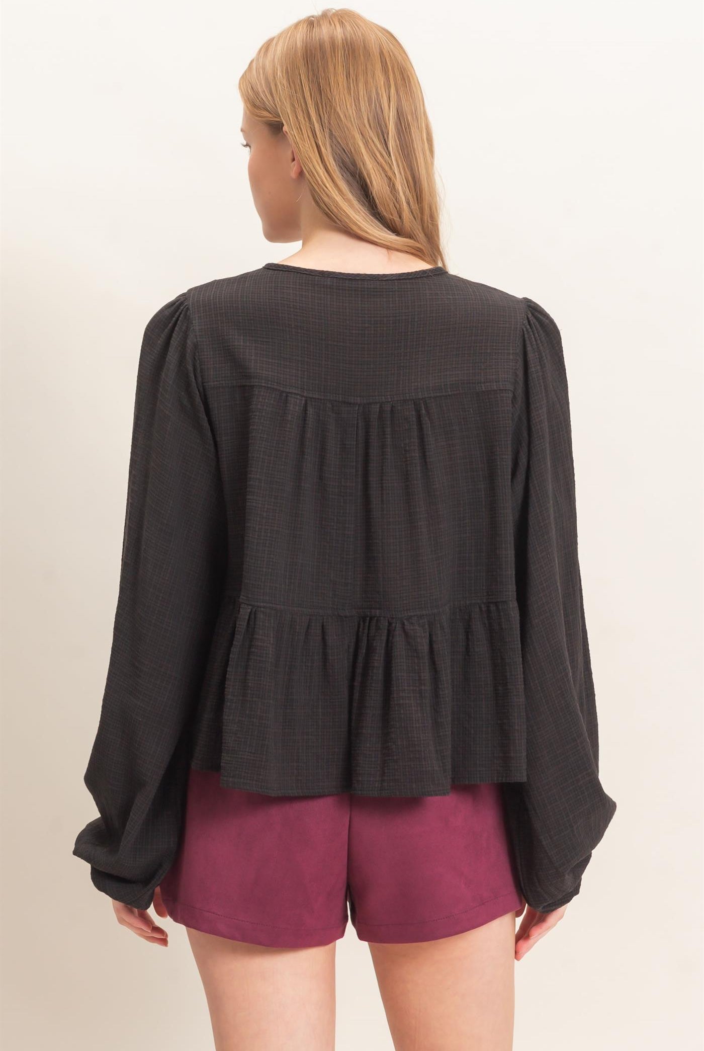 Wholesale Tie Front Peplum Blouse Blouses HF26F065 BLACK HYFVE