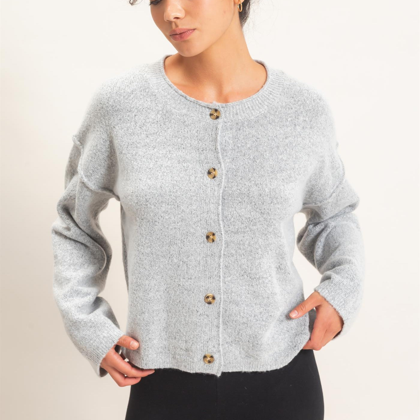 Wholesale Crew Neck Loose Fit Cardigan Cardigans DZ26E269 HEATHER GRAY DOUBLE ZERO