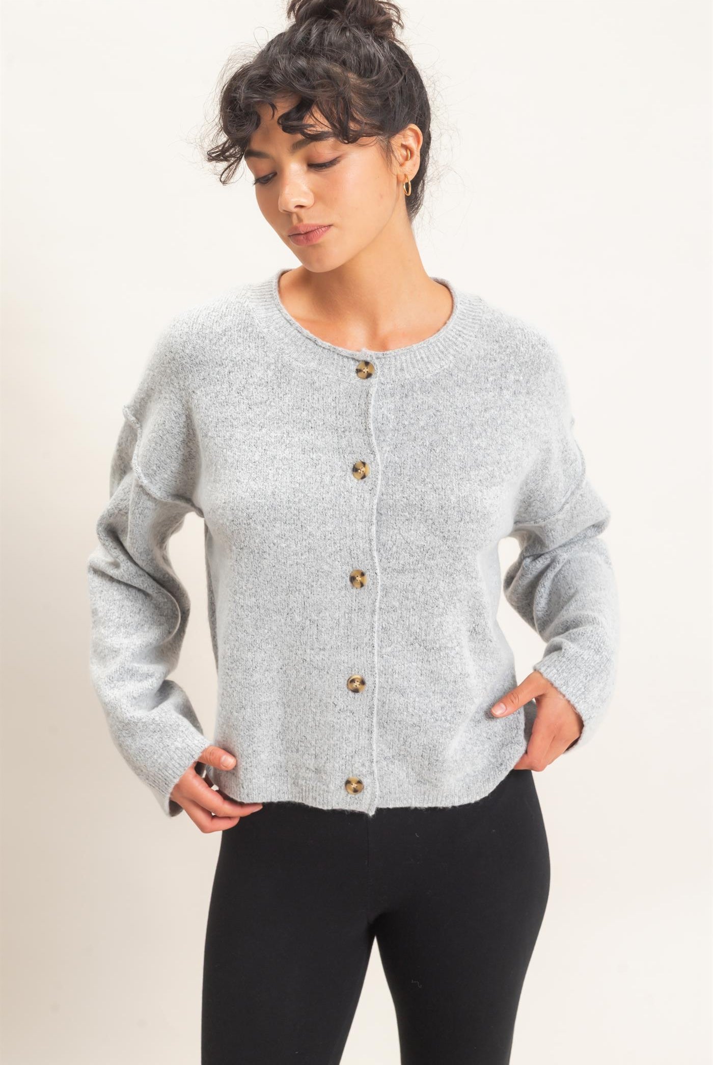 Wholesale Crew Neck Loose Fit Cardigan Cardigans DZ26E269 HEATHER GRAY DOUBLE ZERO