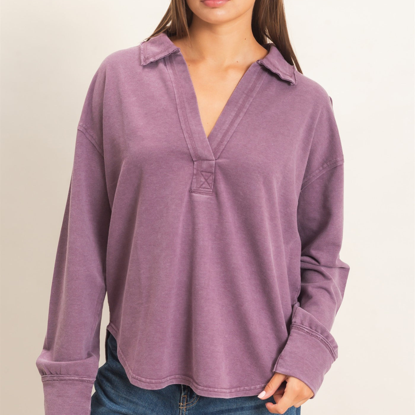 Wholesale Mineral Washed Polo Collar Long Sleeve Top Polos DZ26E887 DARK CHERRY DOUBLE ZERO