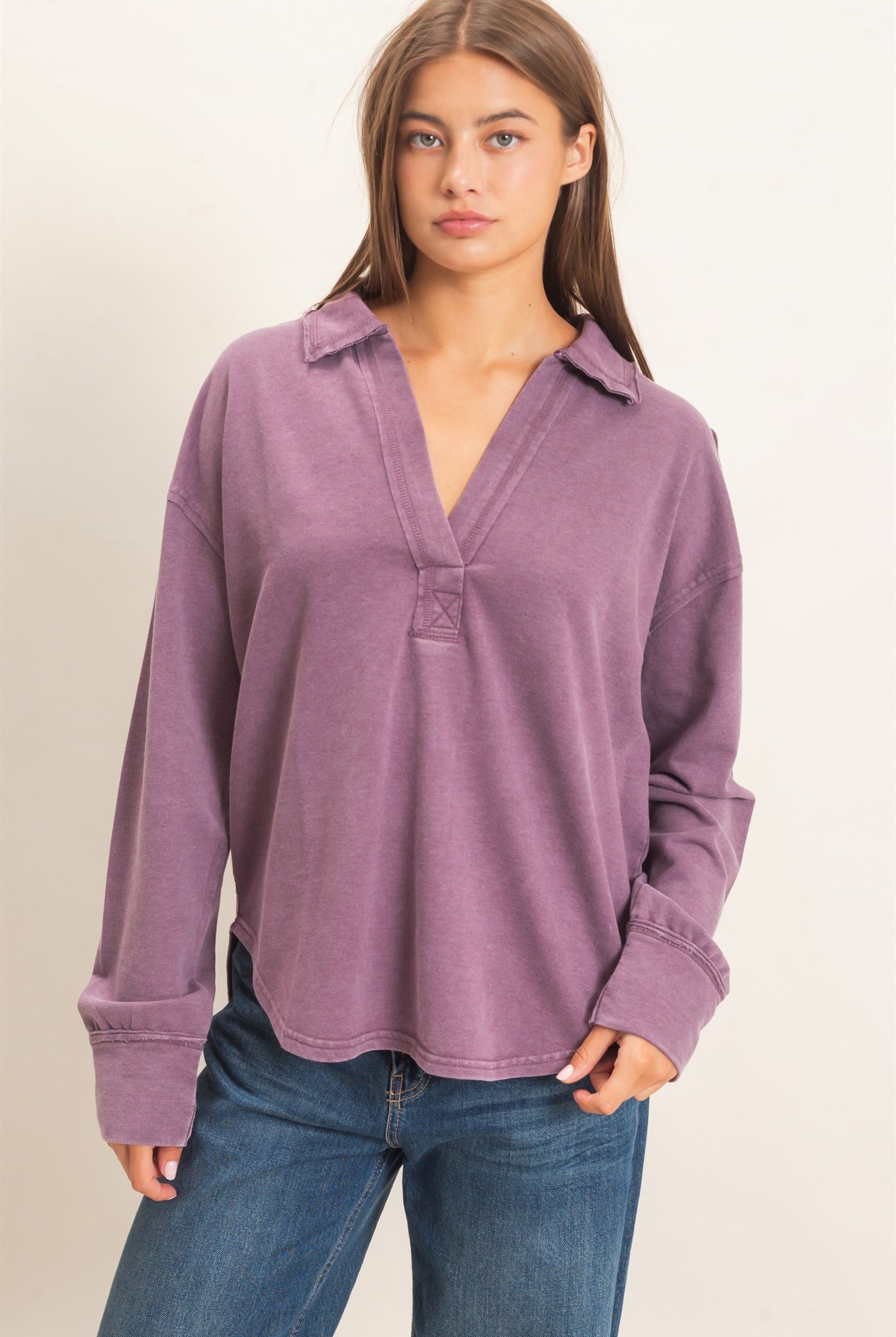 Wholesale Mineral Washed Polo Collar Long Sleeve Top Polos DZ26E887 DARK CHERRY DOUBLE ZERO