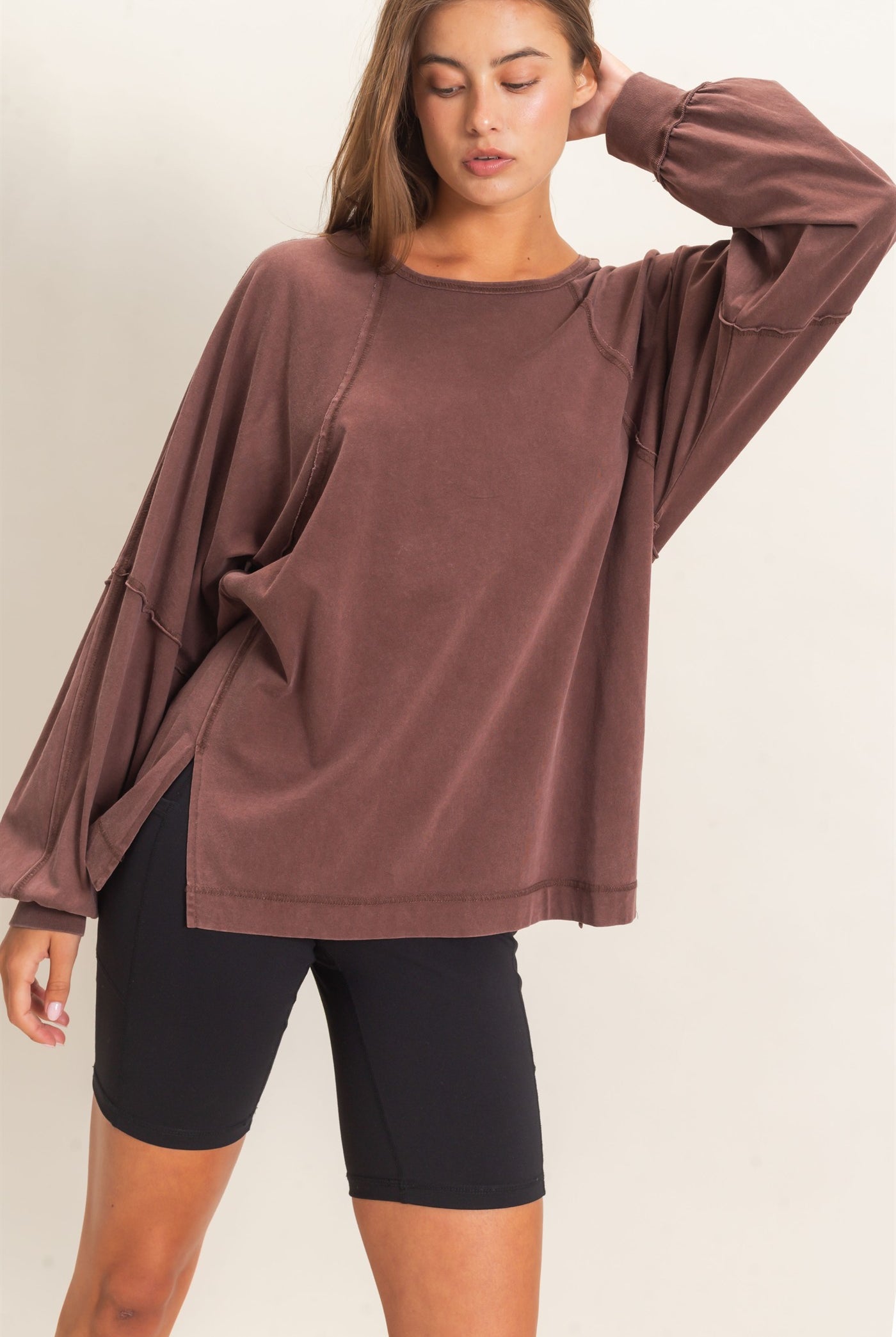 Wholesale Raglan Sleeve Snow Wash Top Shirts DZ26E945 DARK BROWN DOUBLE ZERO