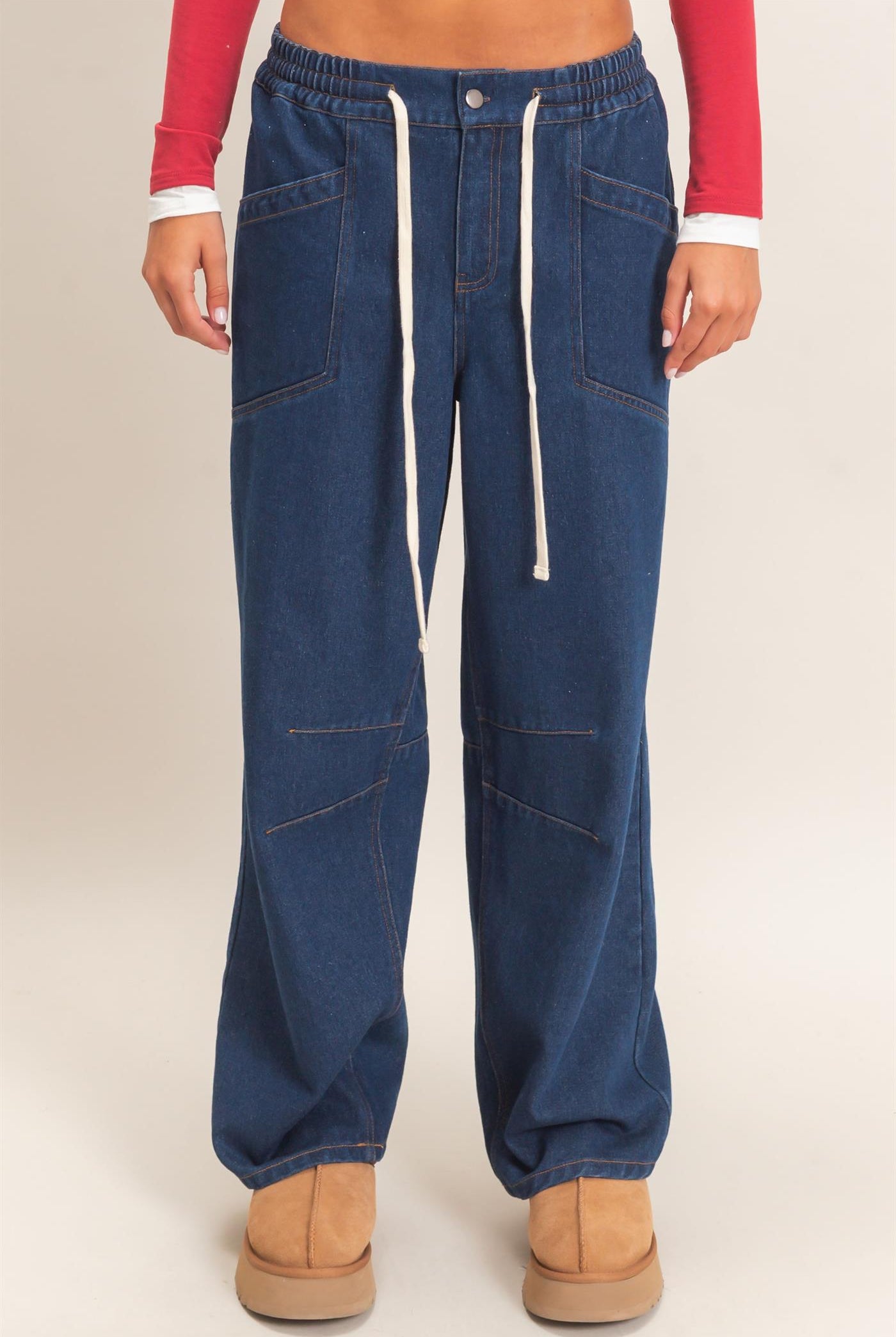 Wholesale Elastic Waist Denim Pants Pants DZ26F306 DARK BLUE DOUBLE ZERO