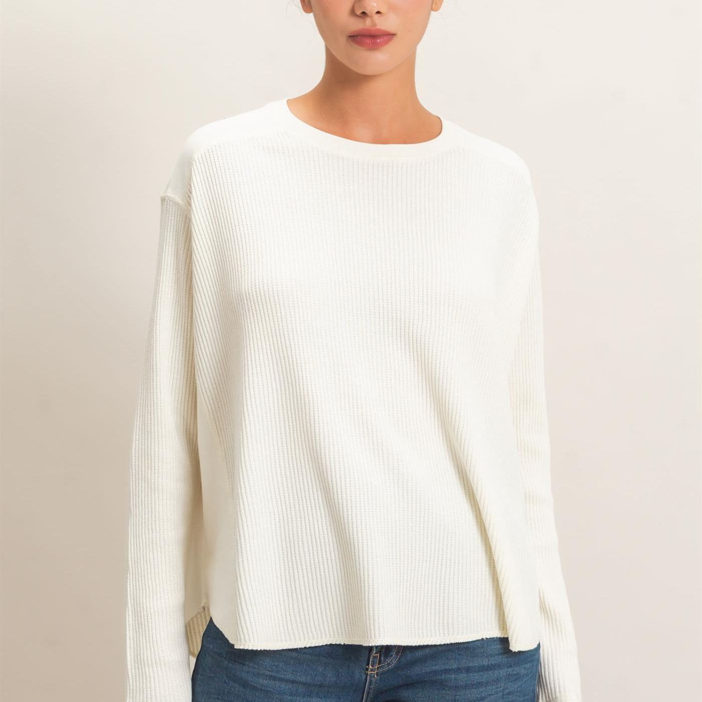 Wholesale Oversized Mineral Washed Waffle Knit Top Clothing Tops DZ26E654 CREAM DOUBLE ZERO