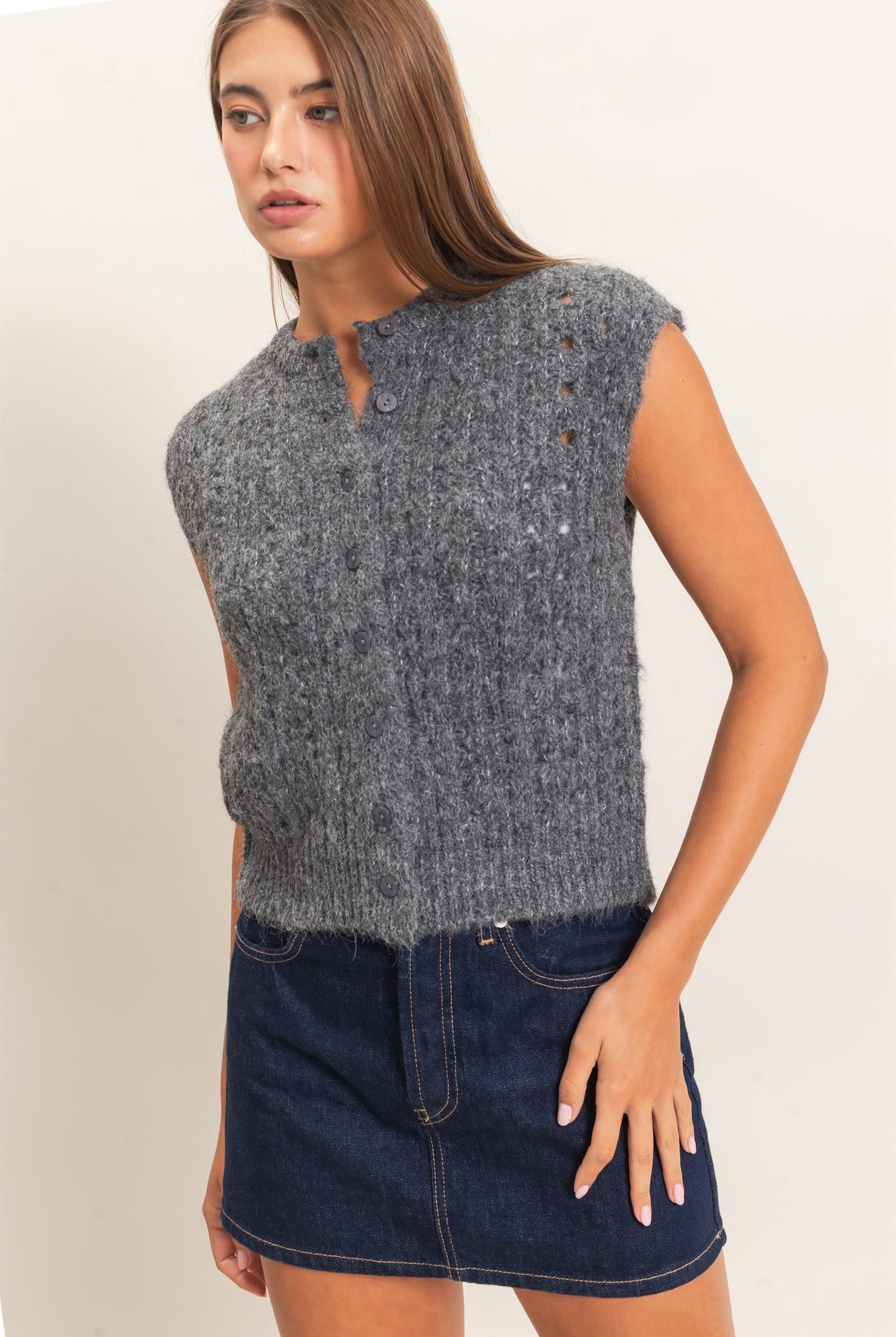 Wholesale Open Knit Sleeveless Button Front Sweater Vest Sweaters DZ26A829 CHARCOAL DOUBLE ZERO