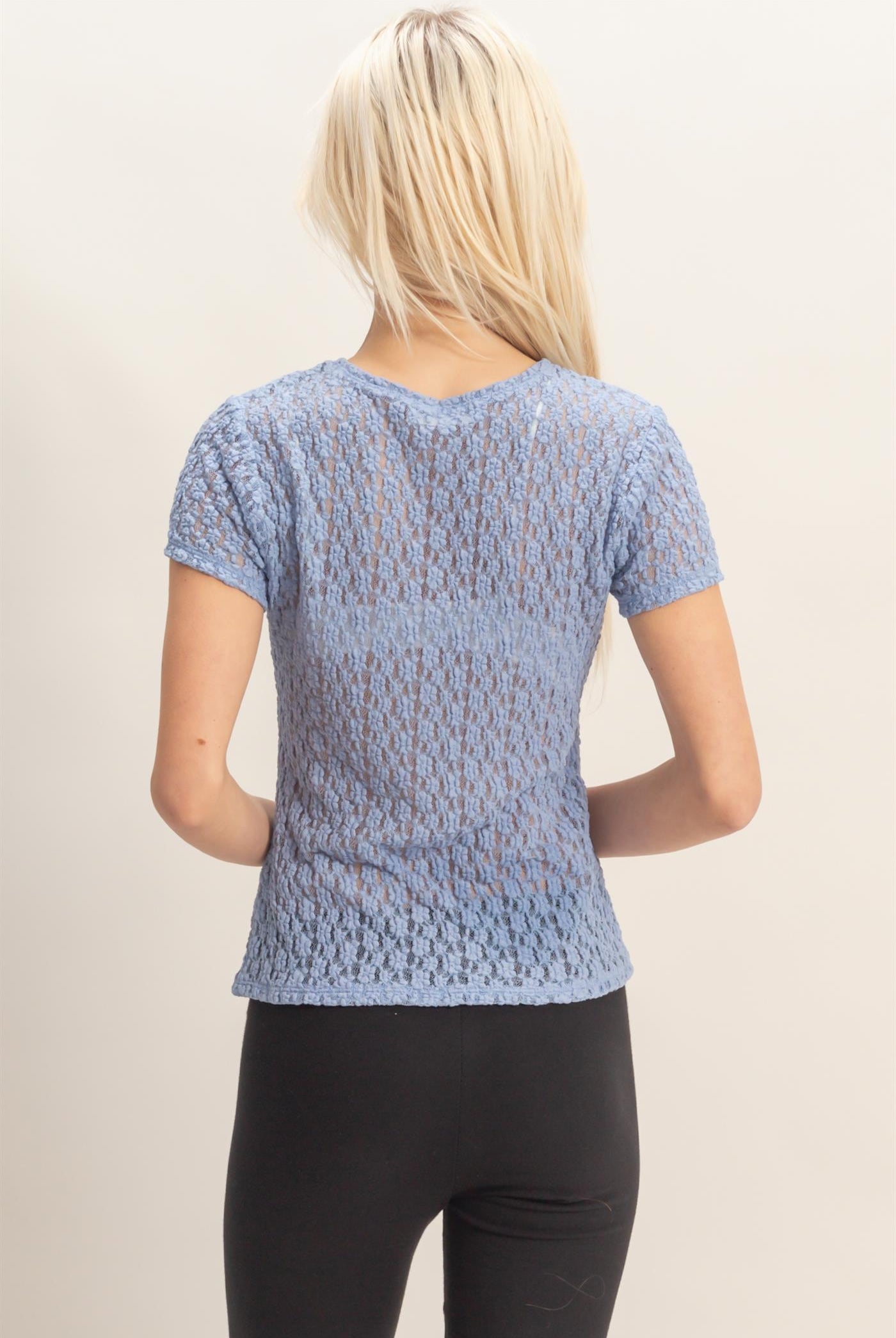 Wholesale Textured Lace Short Sleeve Top Clothing Tops DZ26C394 PALE INDIGO DOUBLE ZERO