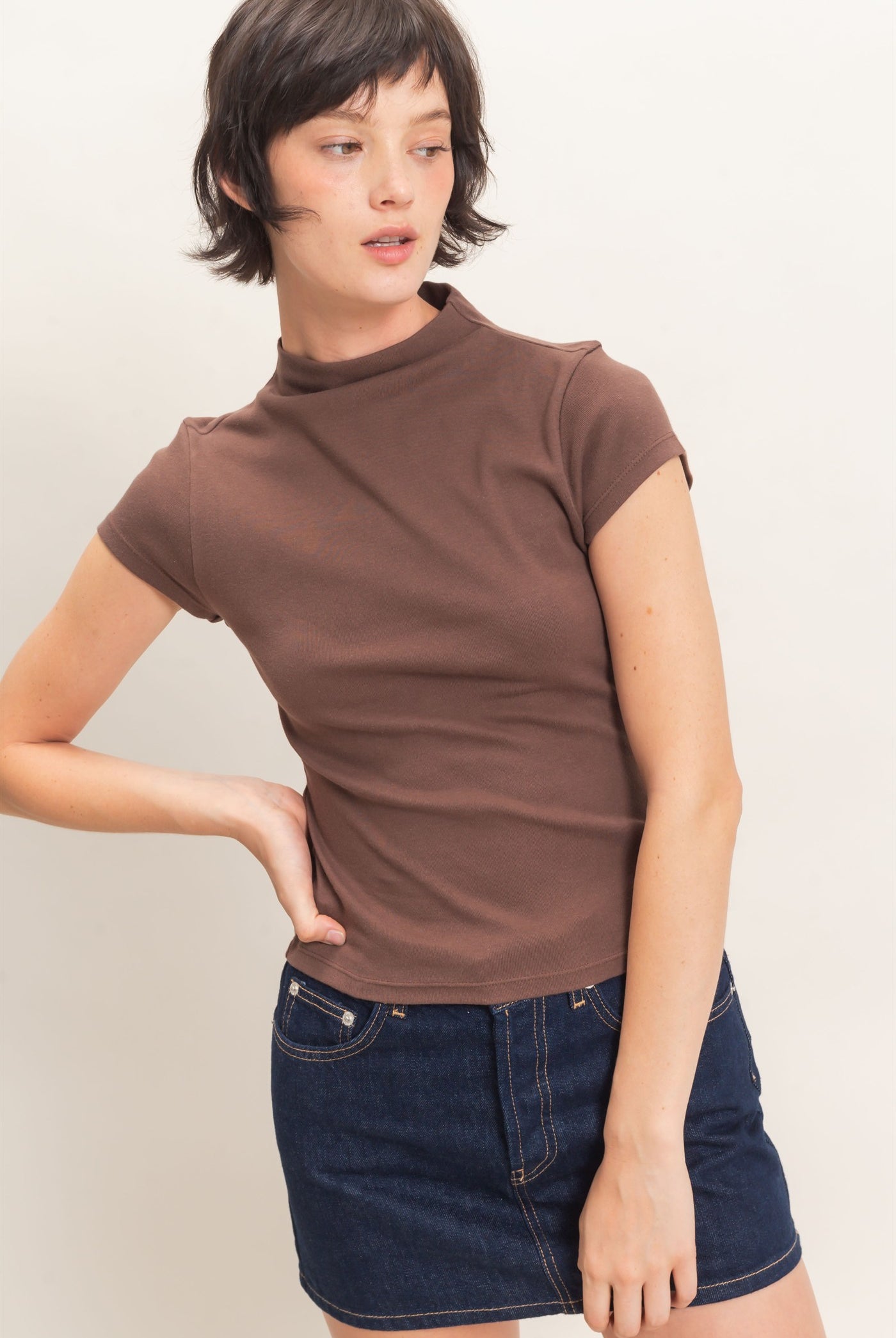 Wholesale Mock Neck Cap Sleeve Top Clothing Tops DZ26E323 DARK BROWN DOUBLE ZERO